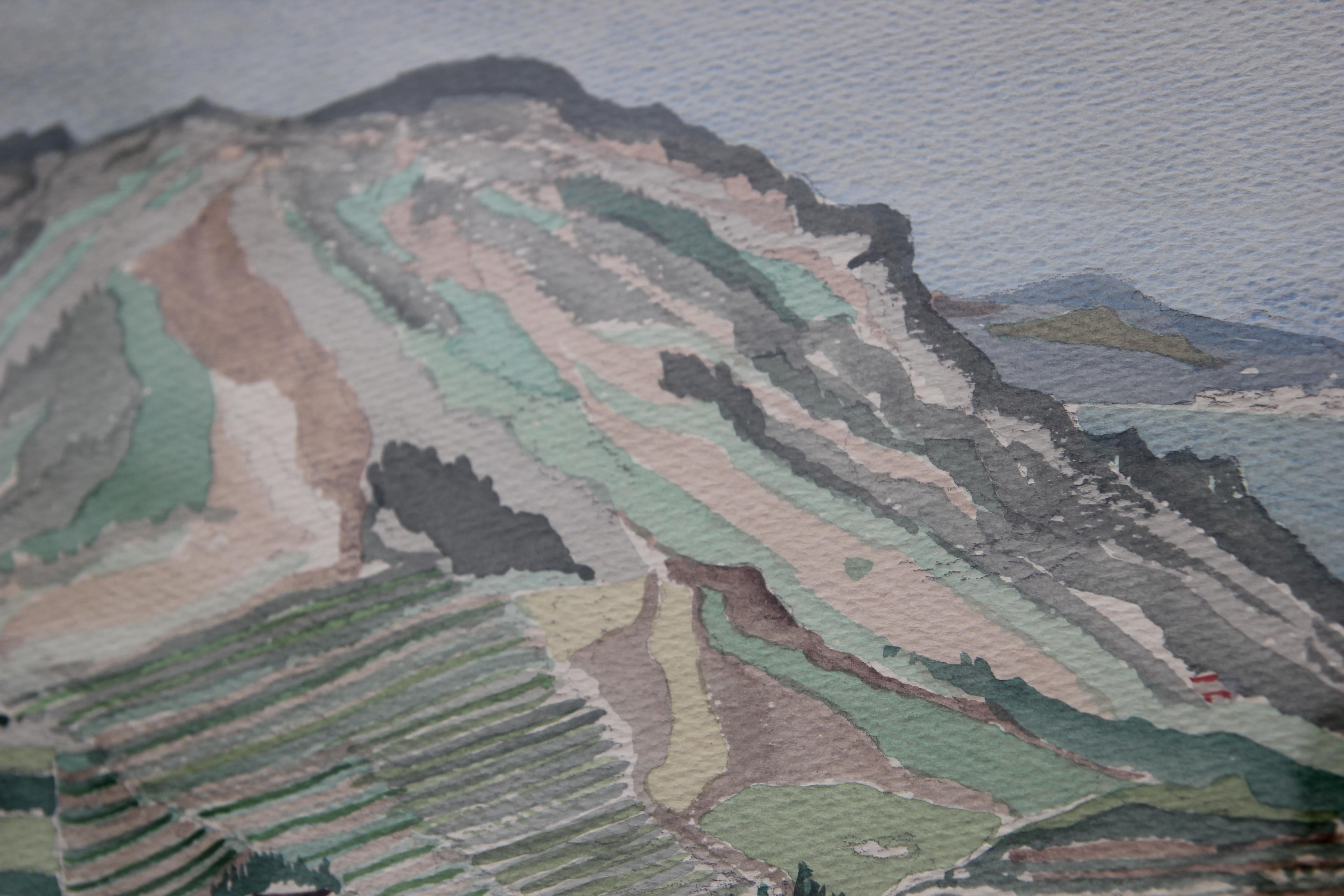 Pastel Blue and Green Toned Abstract Watercolor Mountainous Seaside Landscape - Art by Frank Freed