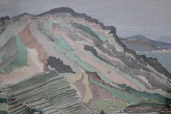 Pastel Blue and Green Toned Abstract Watercolor Mountainous Seaside Landscape