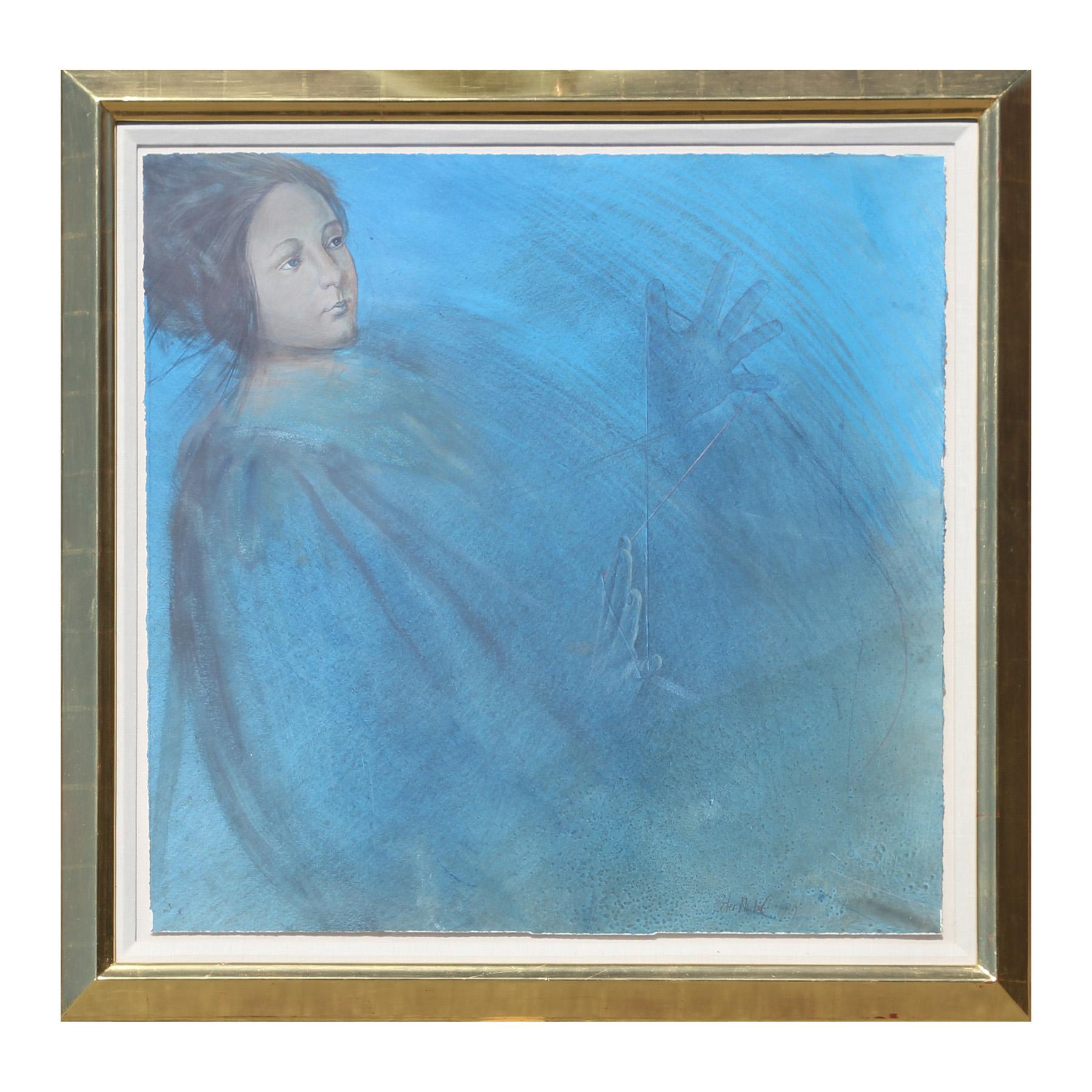 Peter Nickel Figurative Painting – Blaue blaue Katzenkelle Modernes abstraktes blaues weibliches figuratives Gemälde in Mischtechnik