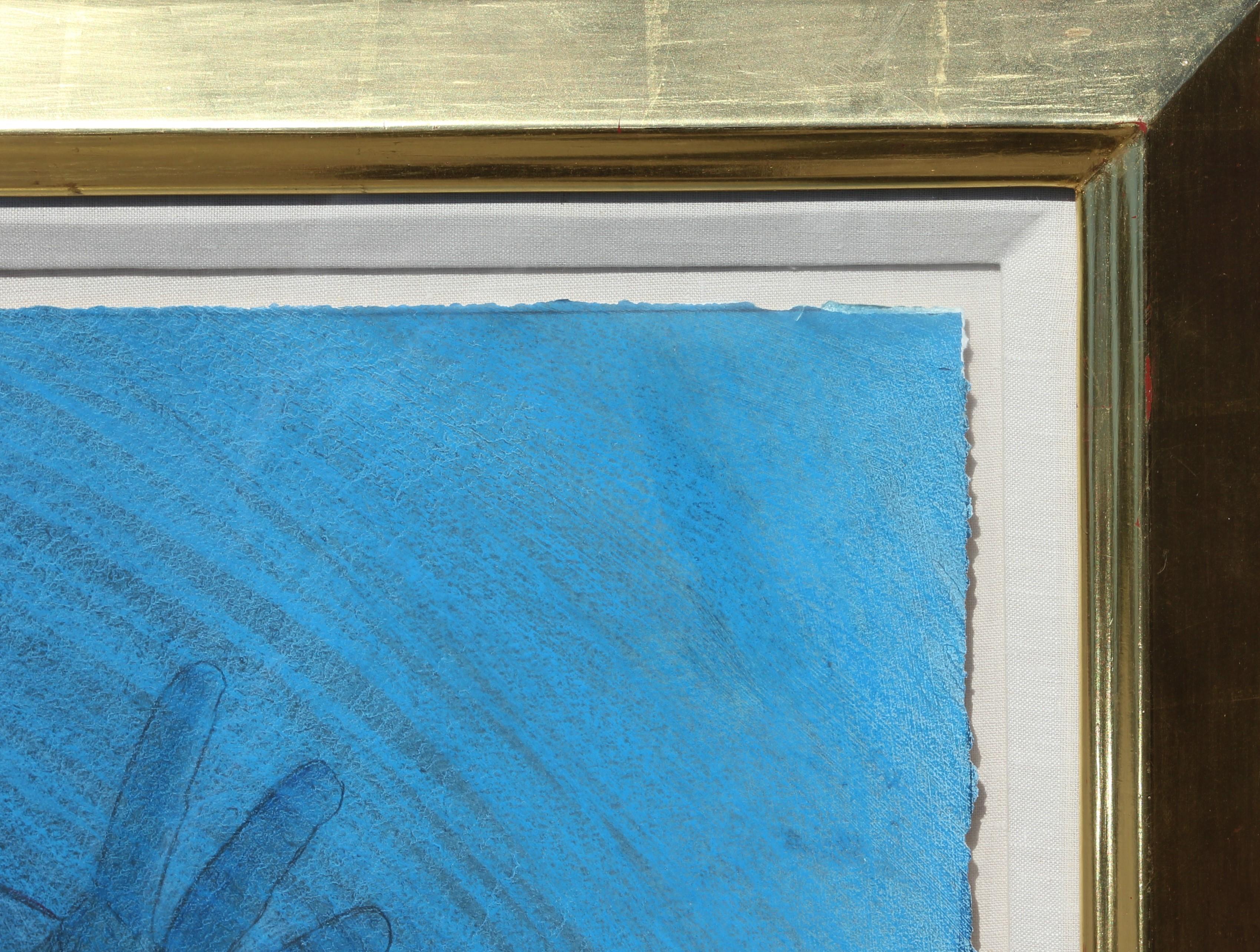 Peinture figurative féminine moderne abstraite en technique mixte - Bouton de chats bleu - Abstrait Painting par Peter Nickel