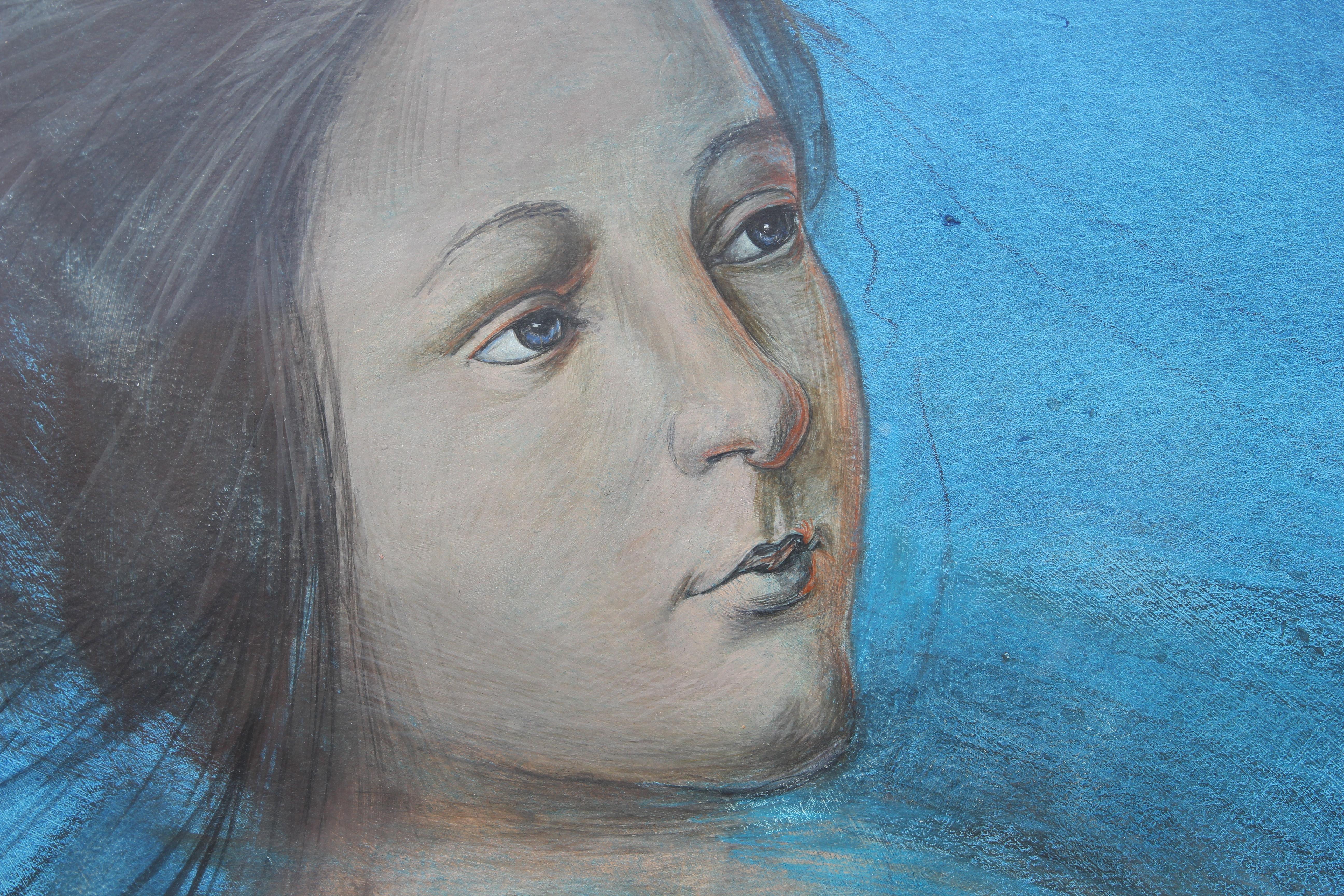 Großes abstraktes figuratives Porträt in Blautönen, das eine Frau mit einer um ihre Finger geschlungenen Schnur darstellt und als eines der ältesten Spiele der Menschheitsgeschichte gilt: Cat's Cradle (bei dem man verschiedene Schnurfiguren kreiert,
