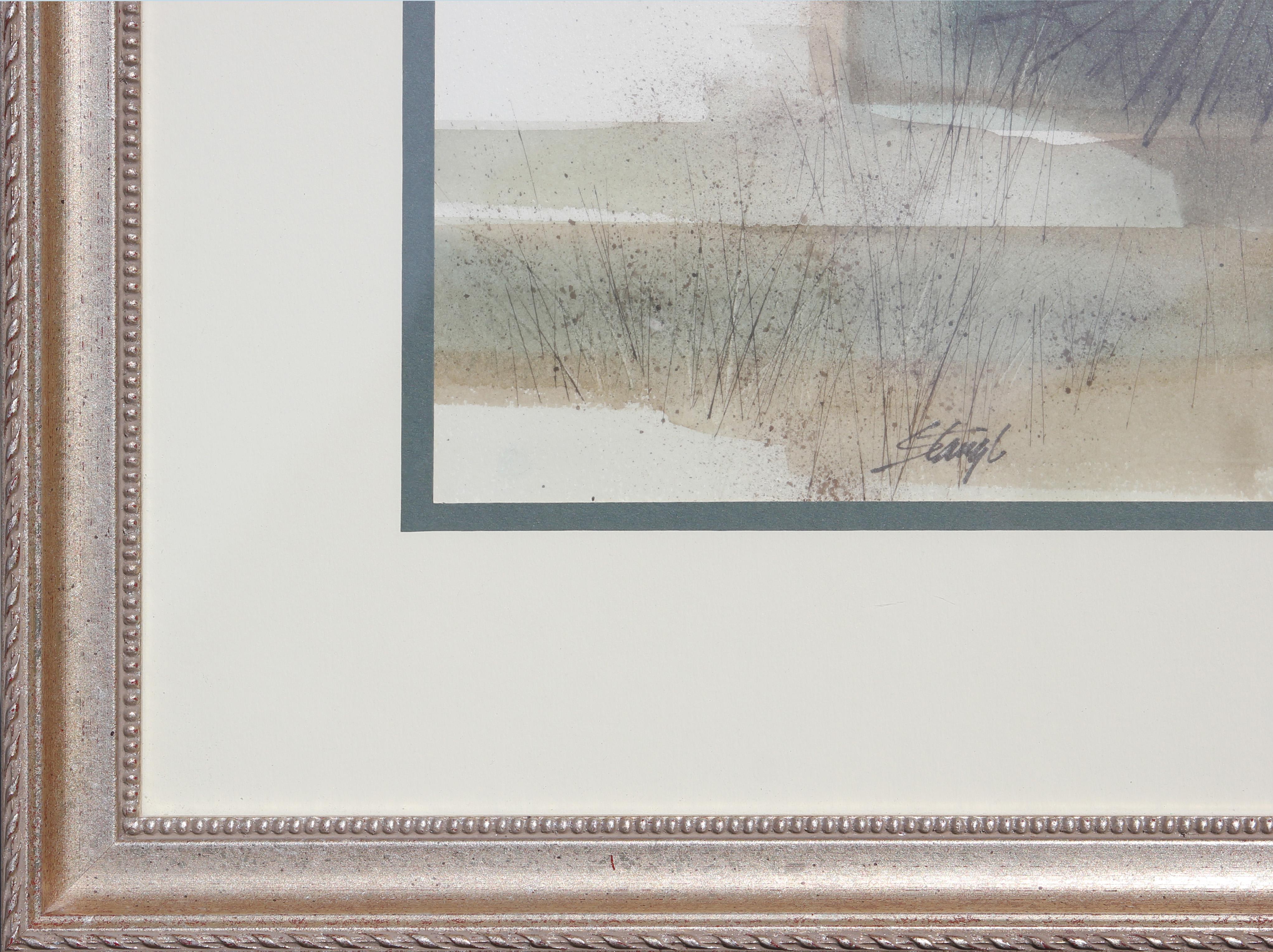 Paysage abstrait peint à l'aquarelle sur papier qui incorpore des tons bleus et gris. 
Le tableau est signé en bas au centre et est actuellement exposé dans un magnifique cadre argenté.

Dimensions sans cadre : H 9,25 in. x L 12,25 in. 