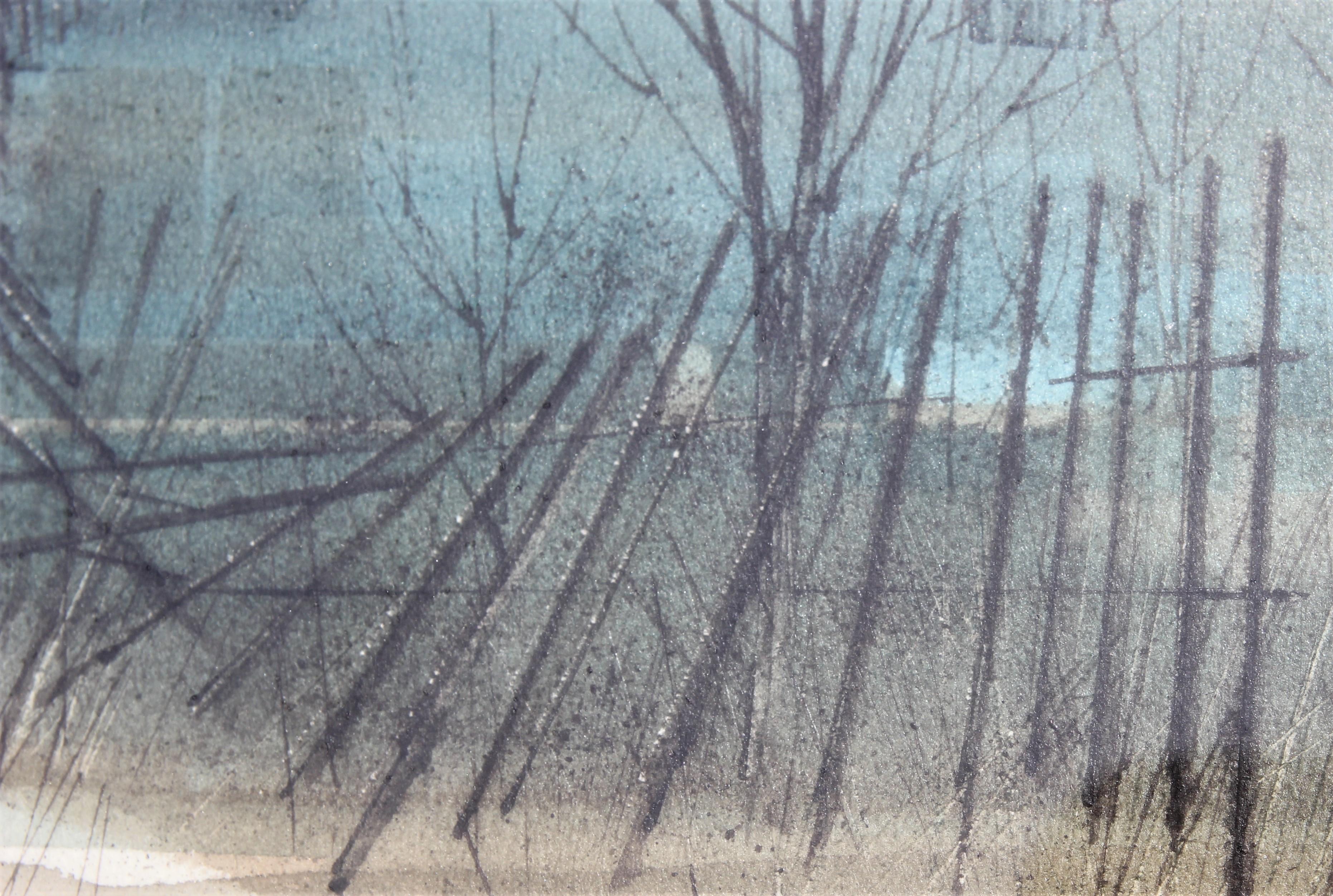Peinture de paysage abstraite à l'aquarelle des tons bleus et gris, fin de saison - Gris Landscape Art par Reinhard Stangl
