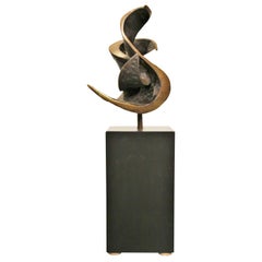 Abstract Bronze Sculpture with Black Wood Rectangle Base