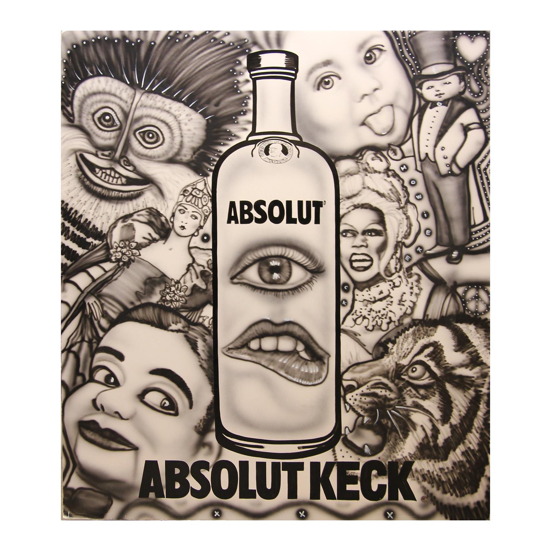 Howie Keck Abstract Painting - "Absolut Keck" Vodka Abstract Surrealist Black and White Airbrush Painting