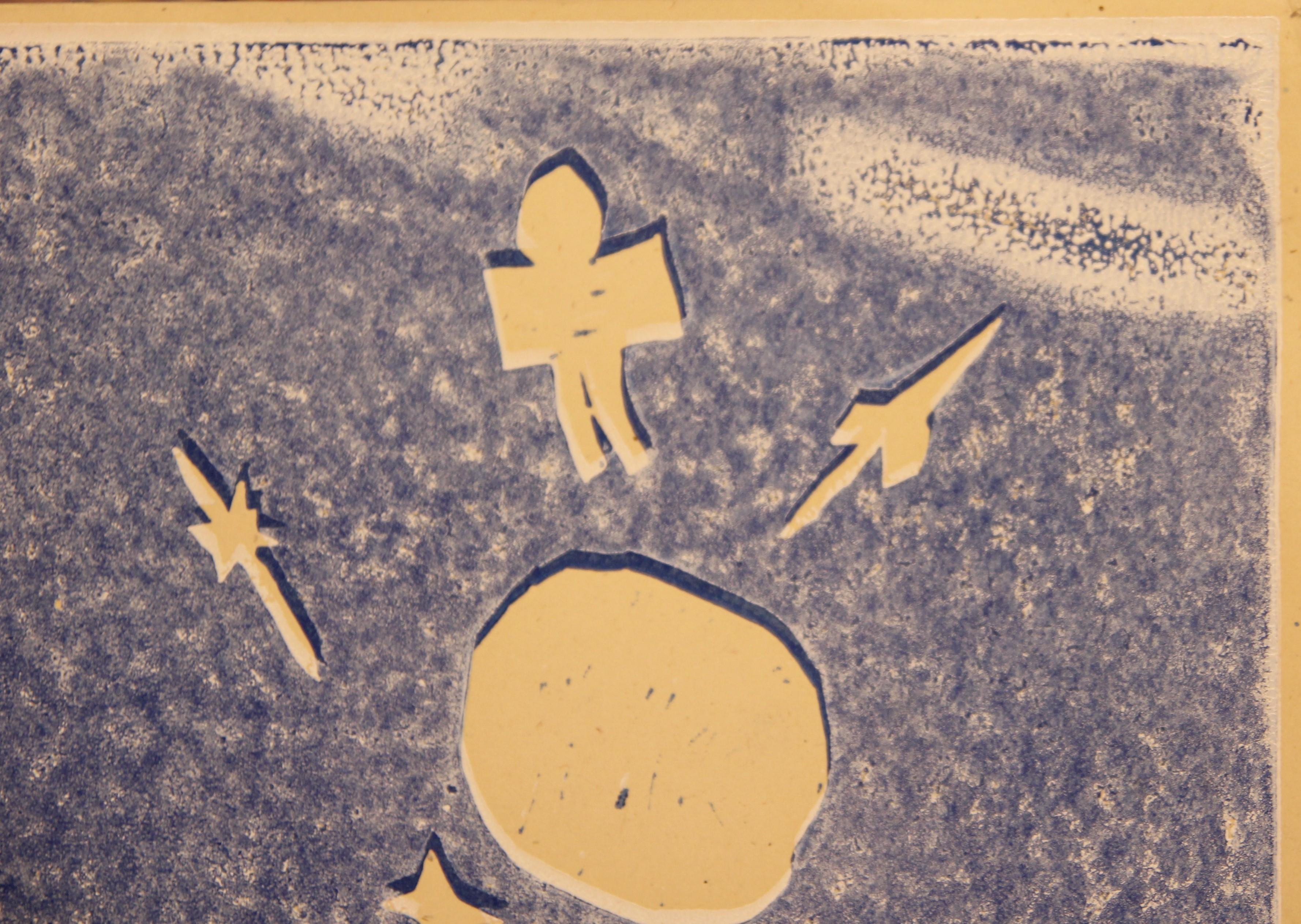 Blue Texas Modernist Abstract Surrealist Space Themed Landscape Block Print - Gray Abstract Print by Josefa Vaughan