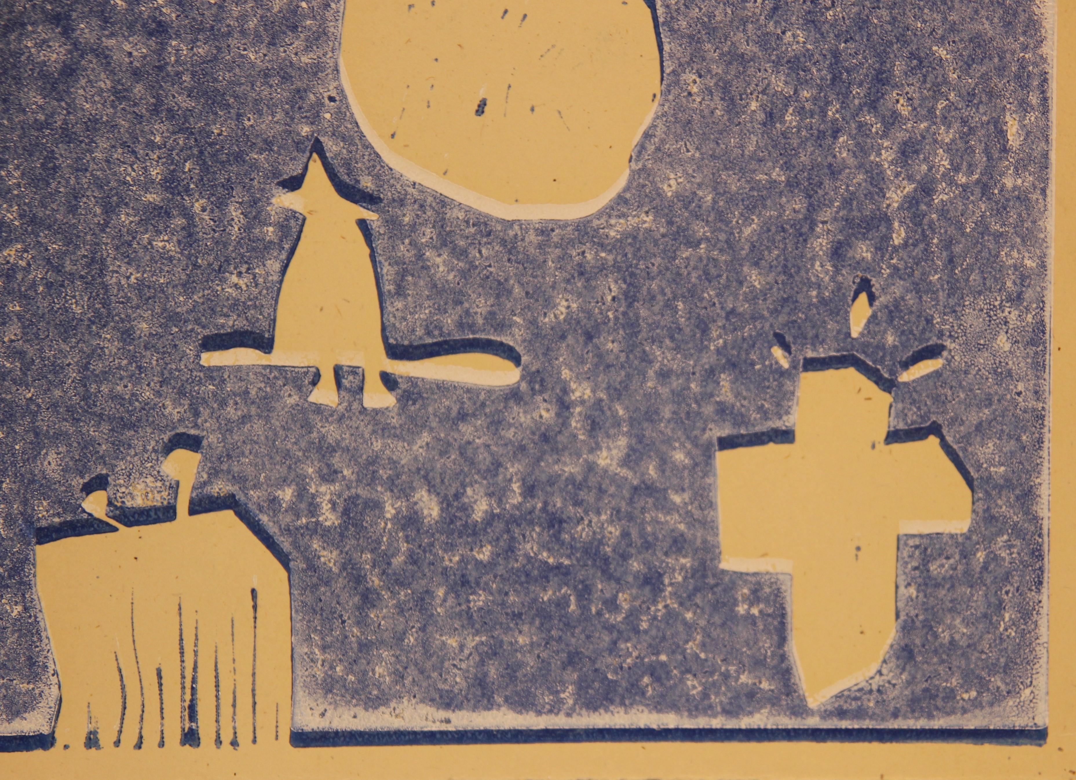 Blauer texanischer modernistischer abstrakter, surrealistischer Raumteiler mit Landschaftsblockdruck (Grau), Abstract Print, von Josefa Vaughan