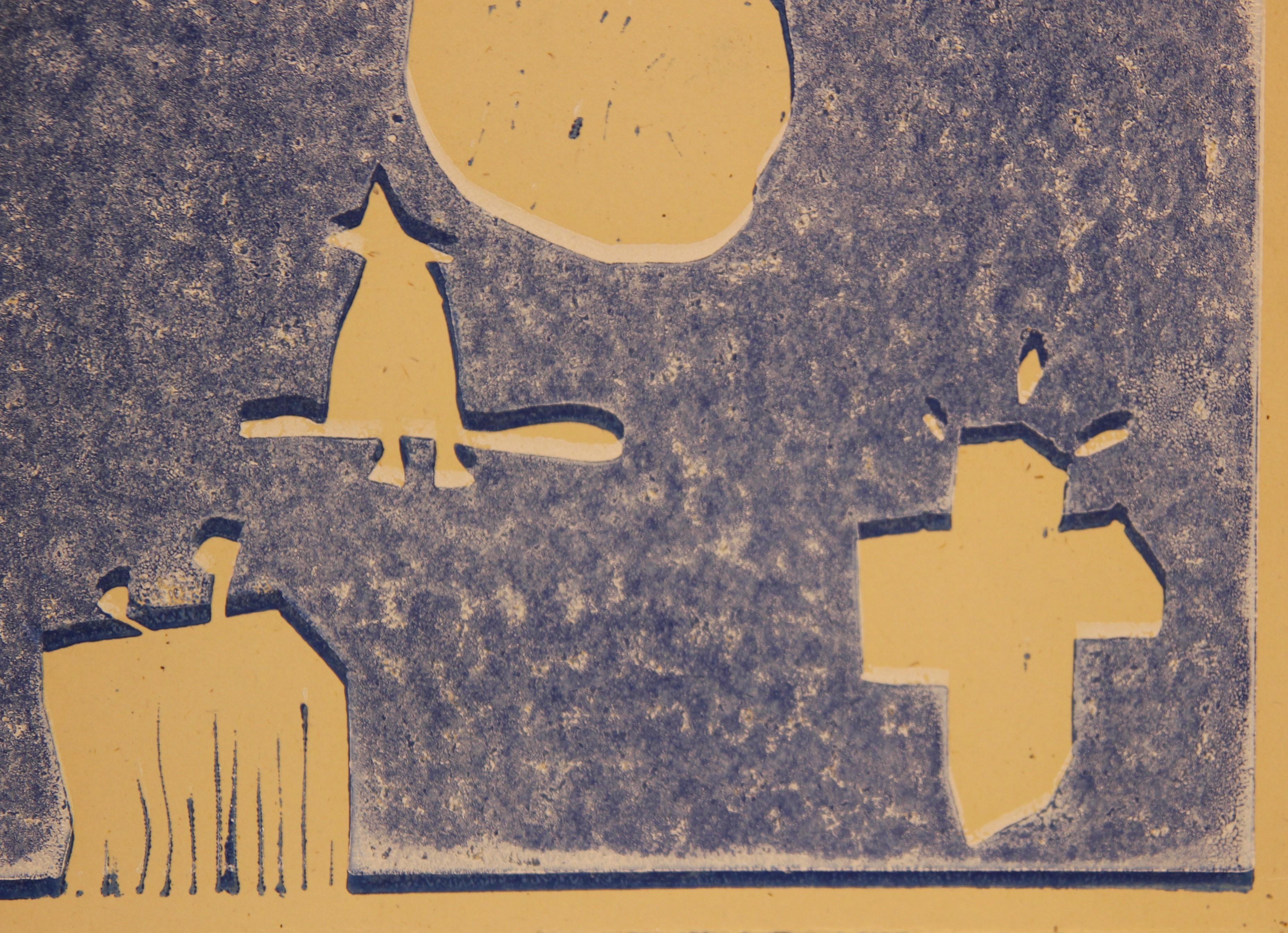 Blue space themed surrealist block print by Texas modernist artist Josefa Vaughan. The yellow toned abstract forms create a whimsical landscape. Signed 