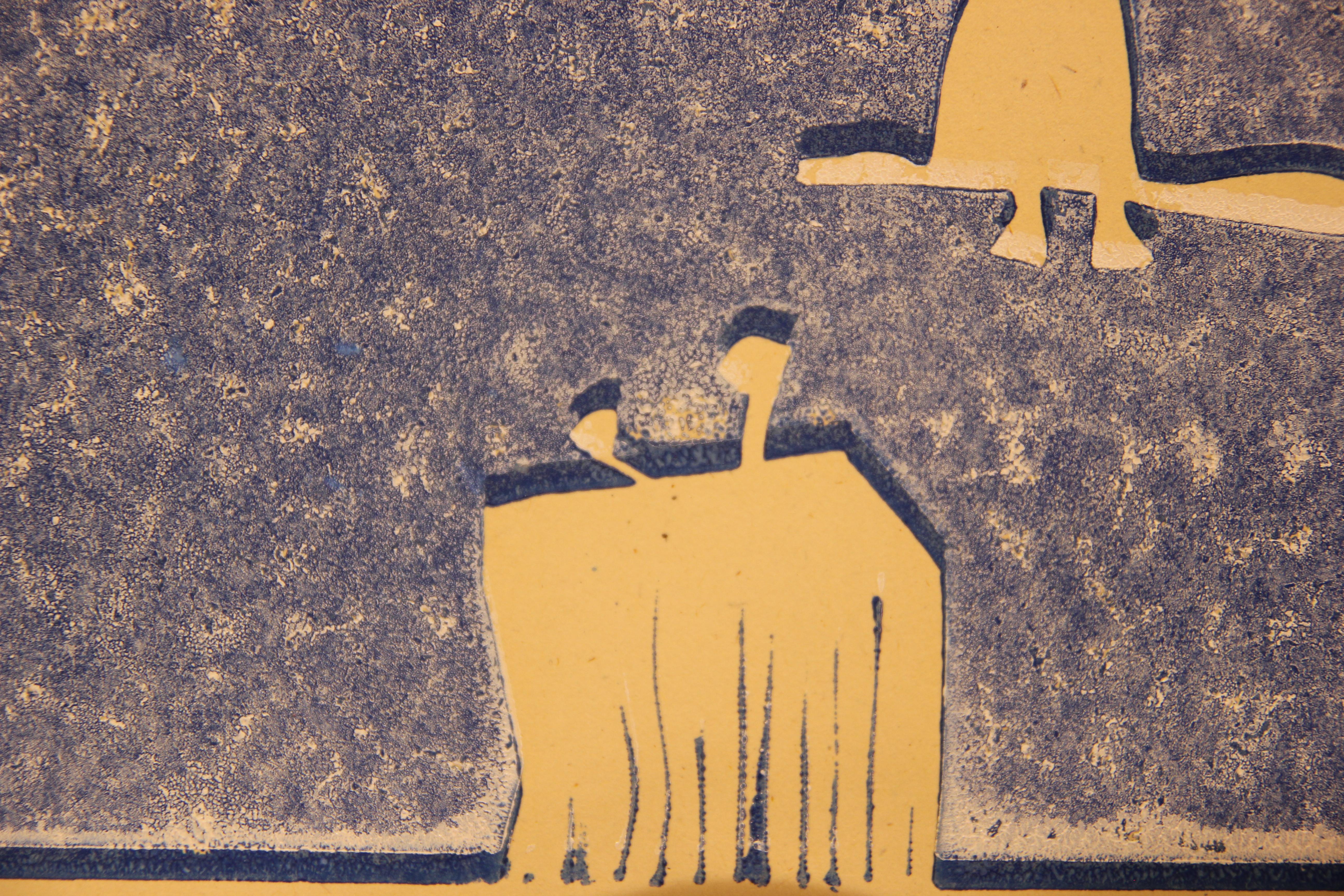 Blue Texas Modernist Abstract Surrealist Space Themed Landscape Block Print For Sale 4