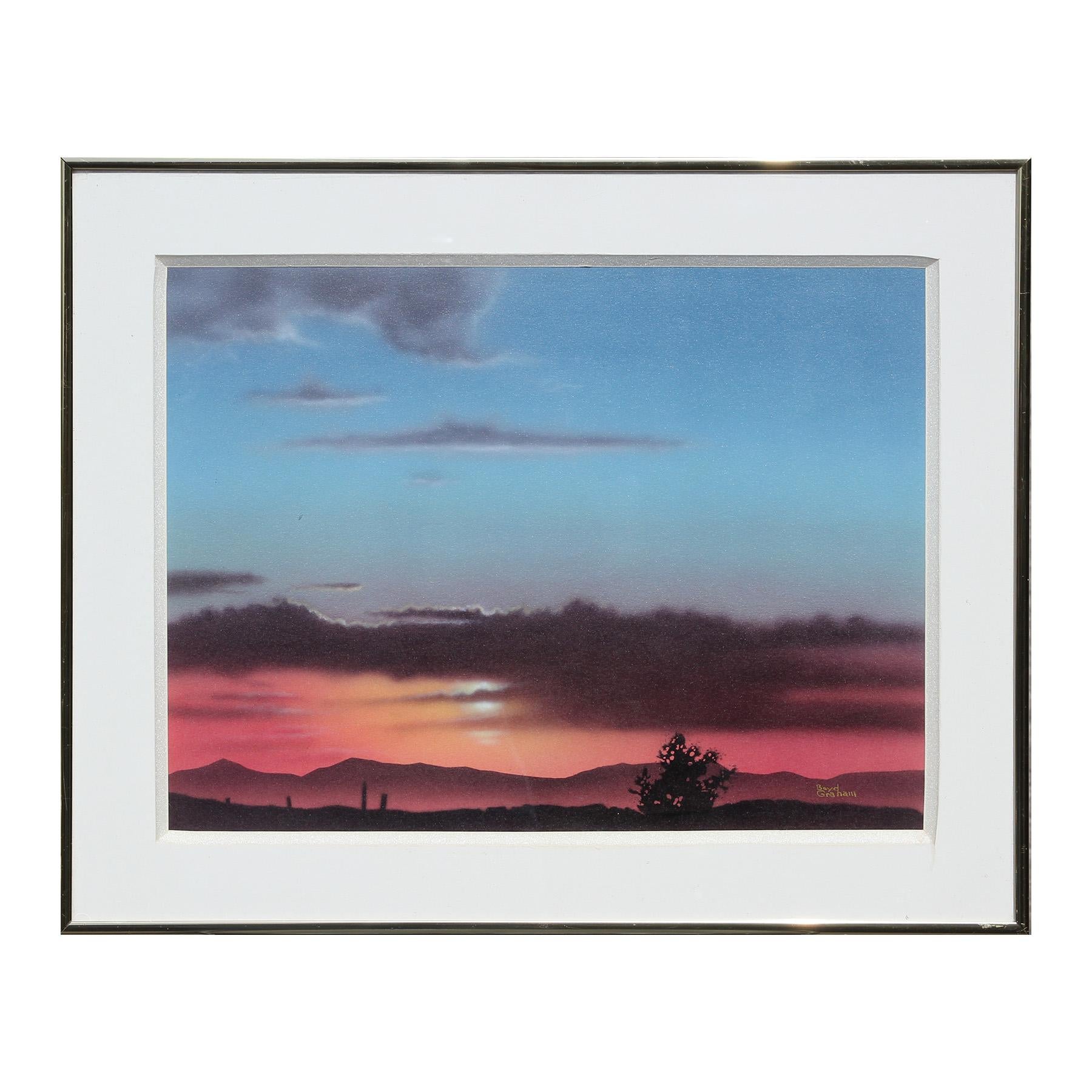 Boyd Graham Landscape Painting - Realist Blue & Orange Toned Sunset Over Desert Mountainous West Texas Landscape 