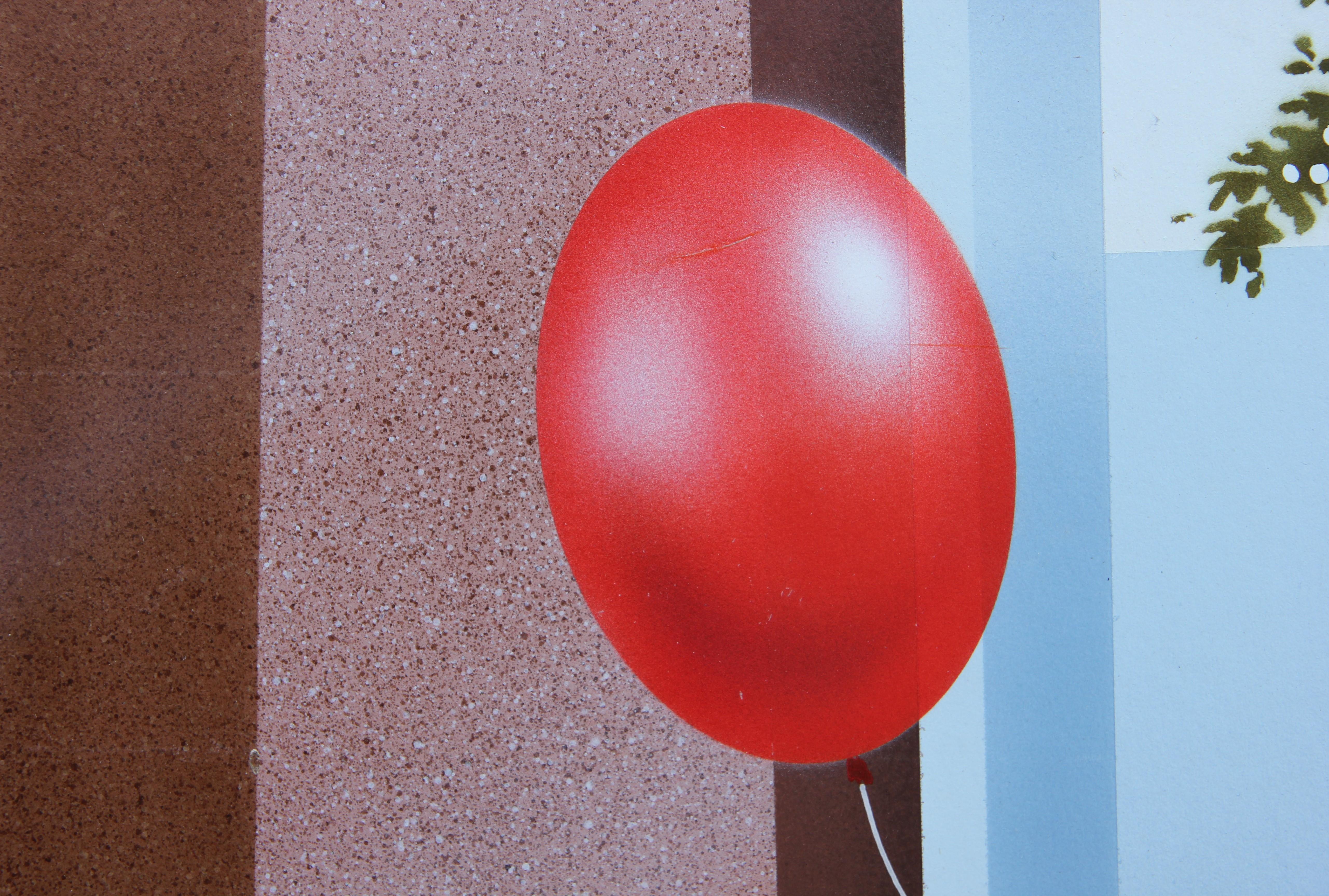 Realist painting of a group of red, green, and blue balloons floating out of the open doors of a shopping center as a figure sits inside. Painting by Texas modernist painter Boyd Graham from the 1970s-1980s. Signed in the front lower right corner.