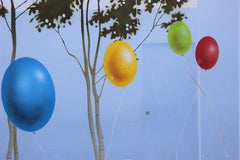Colorful Realistic Landscape Painting of Balloons Escaping a Shopping Center