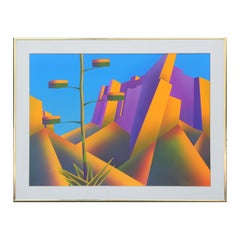 Colorful Abstract Modern Cubist Purple, Yellow & Blue Desert Mountain Landscape