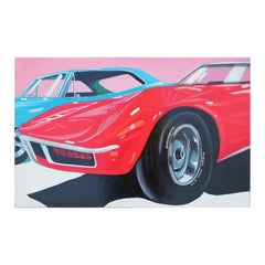 "Stingray 1970 - Peinture de voiture photoréaliste moderne classique rouge et bleue en forme de mousse, 1970