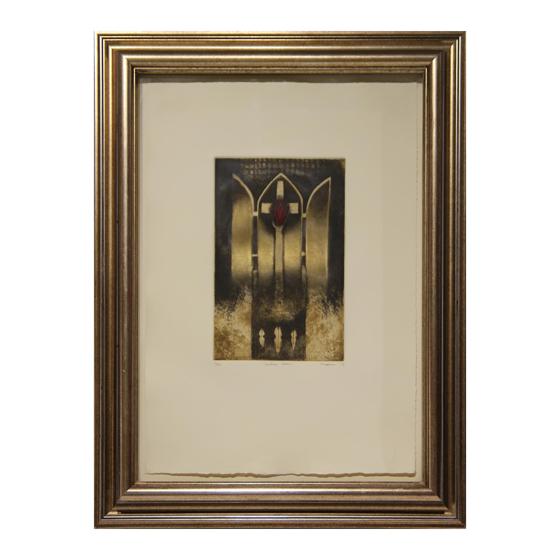 Sharon Kopriva Abstract Print – Centre Cross Abstrakte schwarze, rote und metallische religiöse Radierung