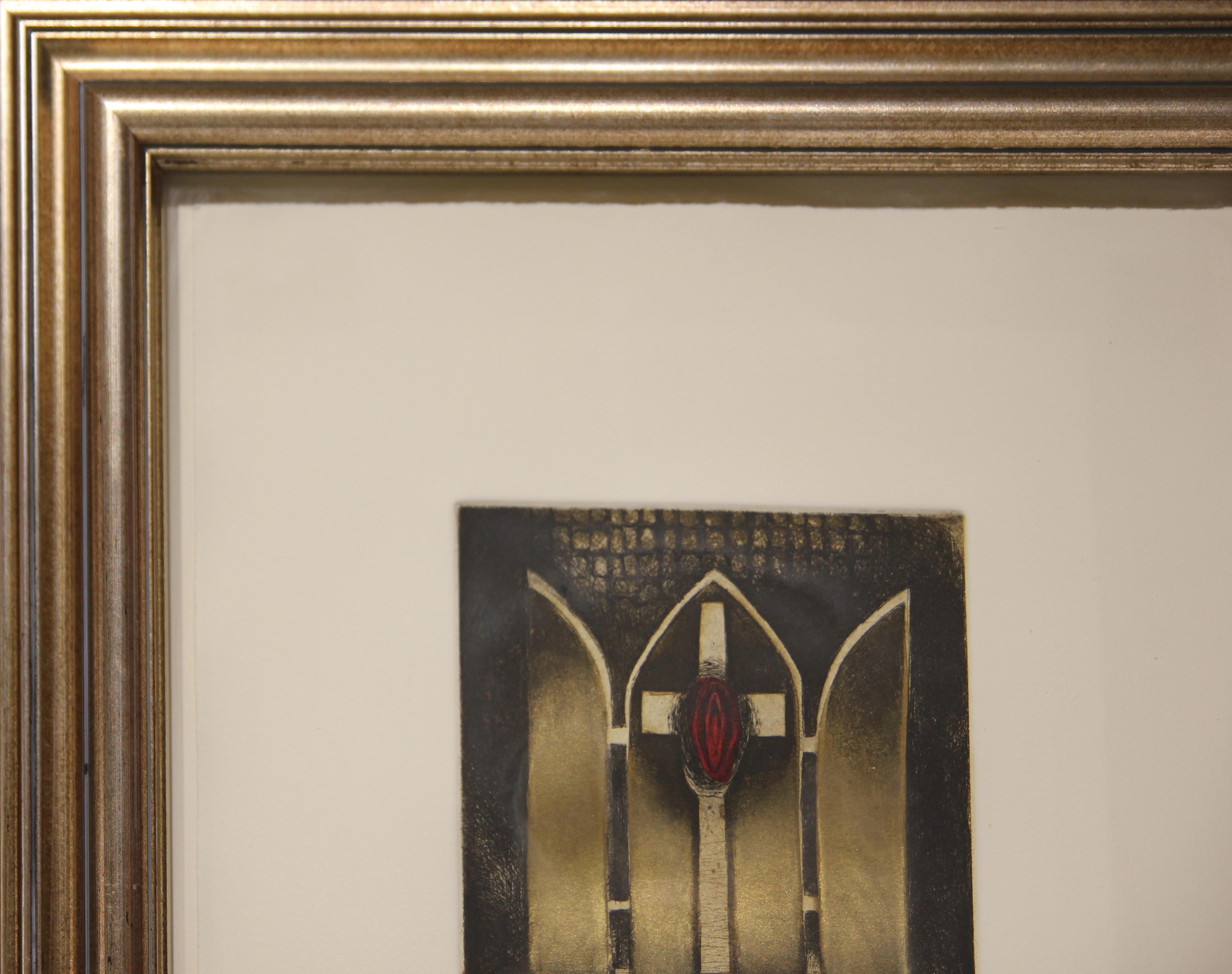 “Centre Cross” Abstract Black, Red, and Metallic Religious Etching - Beige Abstract Print by Sharon Kopriva