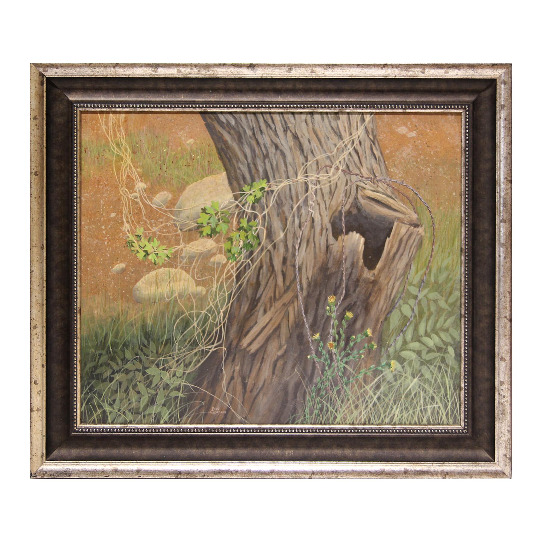 Boyd Graham Still-Life Painting - Modern Realist Pastoral Still Life / Landscape Tree Stump & Barbed Wire Painting