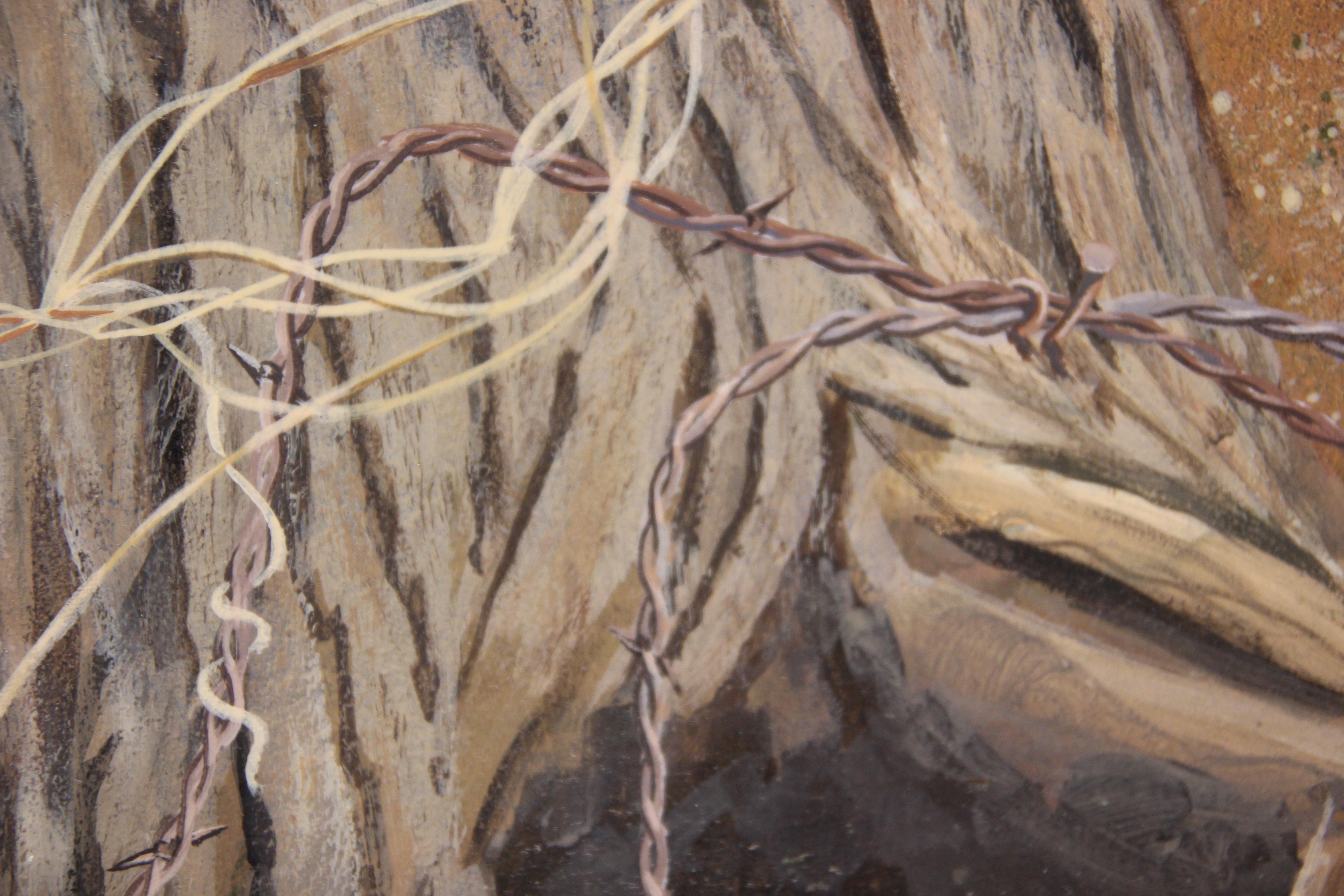 Modern realist still life painting of an old tree stump wrapped in barbed wire with yellow native flowers growing around it. Painted by Texas modernist painter Boyd Graham from the 1970s-1980s. Signed along the lower border. Currently hung in a