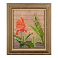 "Mid Summer" Modern Realist Still Life Study of Pink Flower Against a Brick Wall