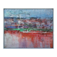 Large Modern Abstract Mixed Media Blue, Red, and Green Toned Landscape Painting
