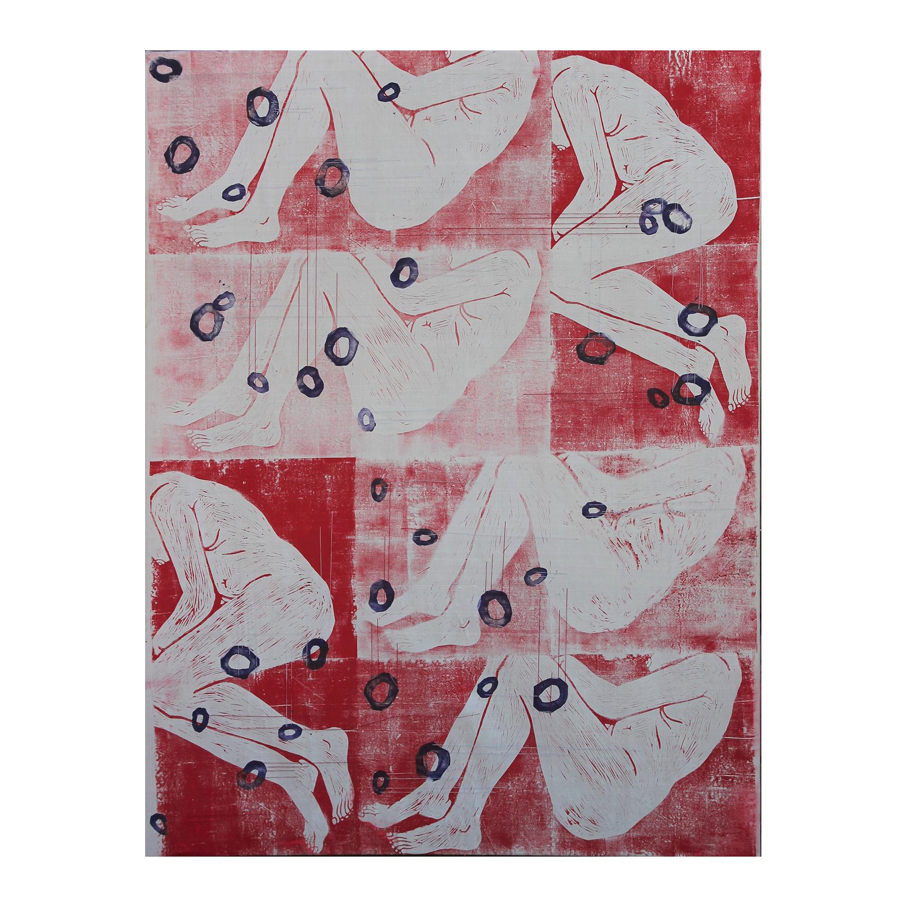 Abstract Painting Rebecca Nall - Peinture figurative moderne abstraite rouge et blanche en techniques mixtes avec accents de fil