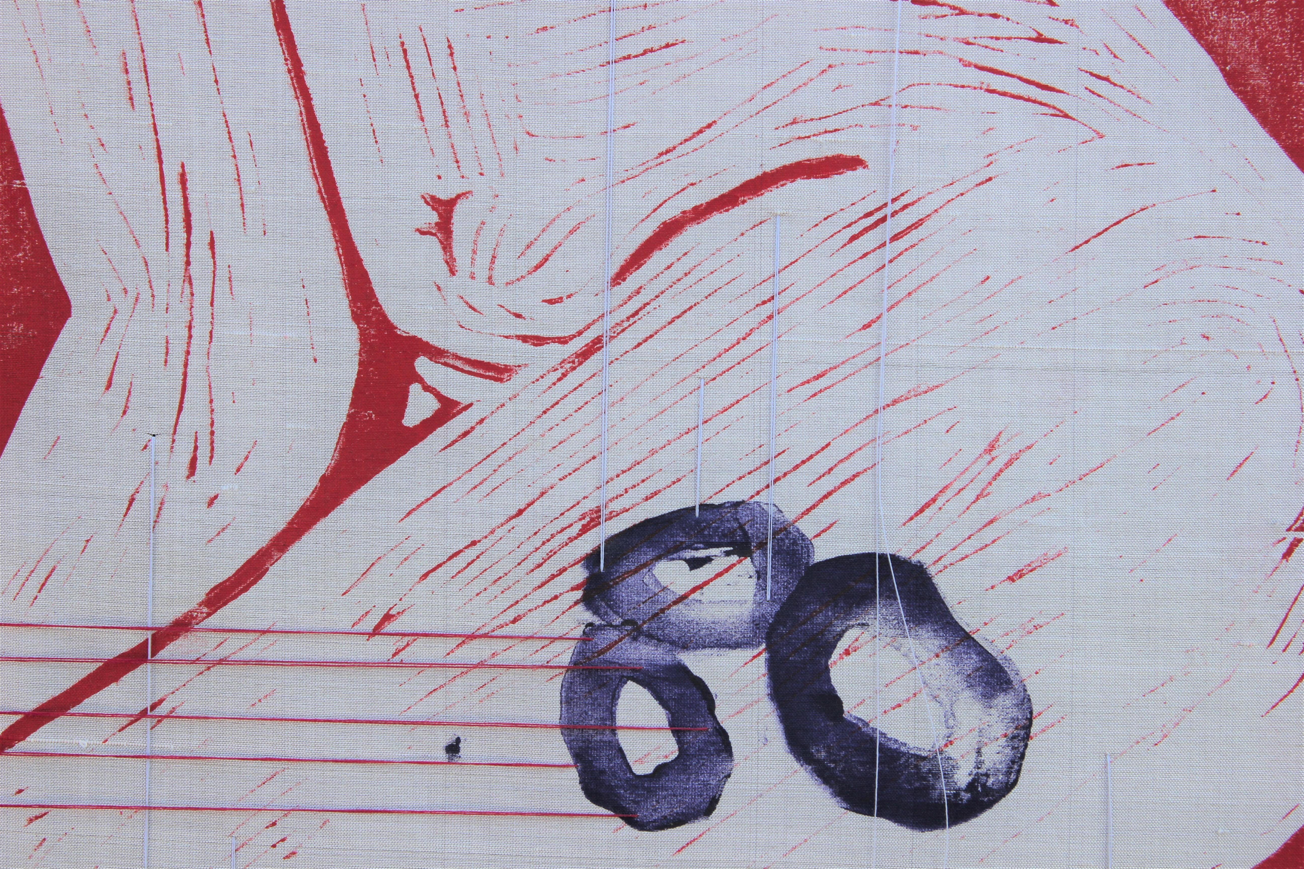 Peinture figurative moderne abstraite rouge et blanche en techniques mixtes avec accents de fil en vente 2