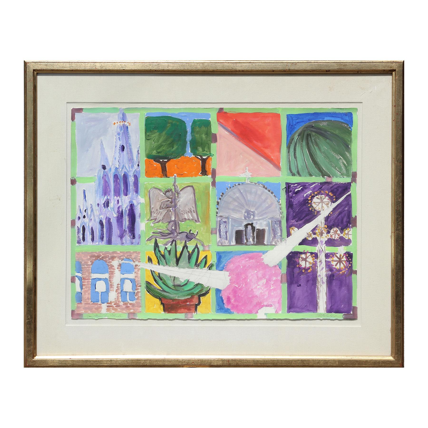 Francis Kalmbach Abstract Painting - "San Miguel De Allende" Abstract Colorful Church and City Landscape Painting