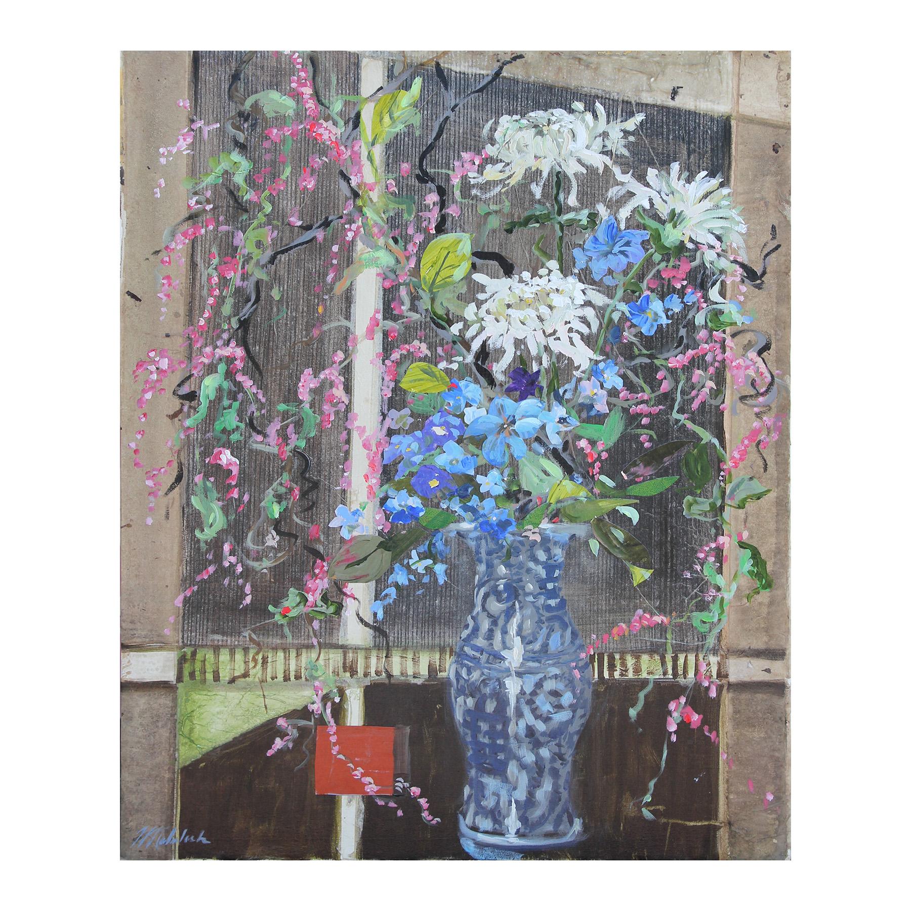 Francis Kalmbach Abstract Painting - Blue, Pink, and Green Toned Impressionist Floral Still Life Mixed Media Painting