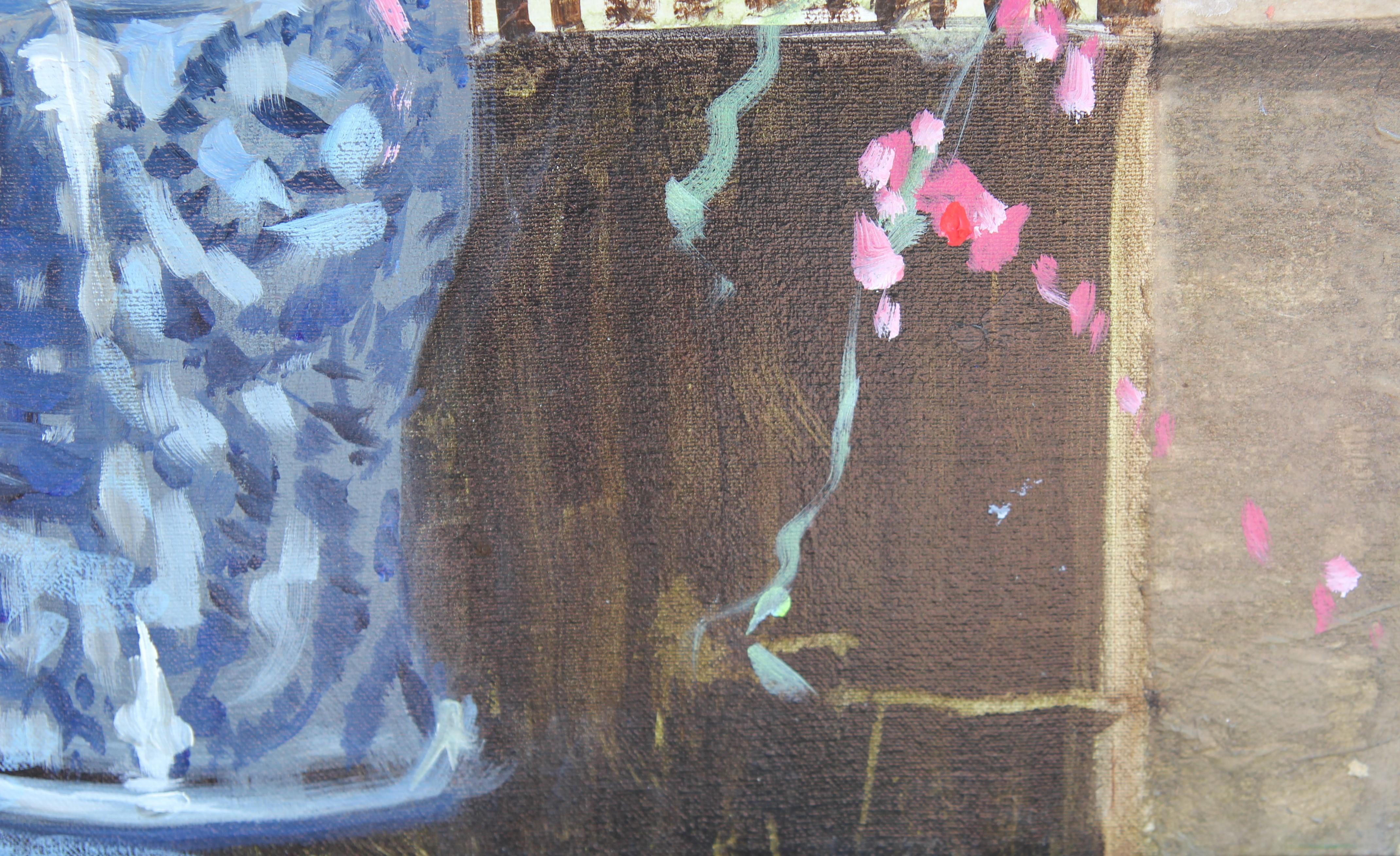 Blue, Pink, and Green Toned Impressionist Floral Still Life Mixed Media Painting - Gray Abstract Painting by Francis Kalmbach