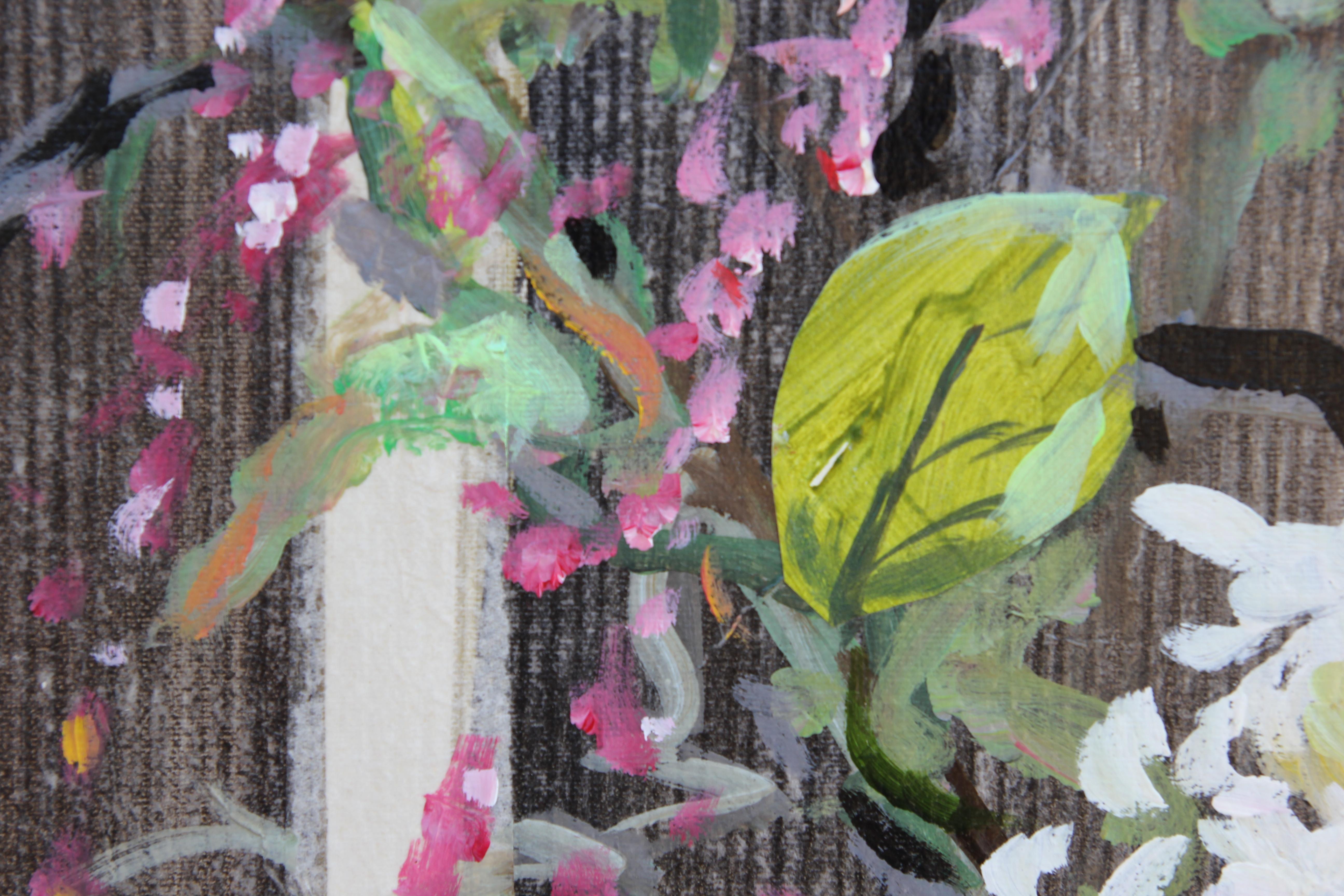 Blue, Pink, and Green Toned Impressionist Floral Still Life Mixed Media Painting 1