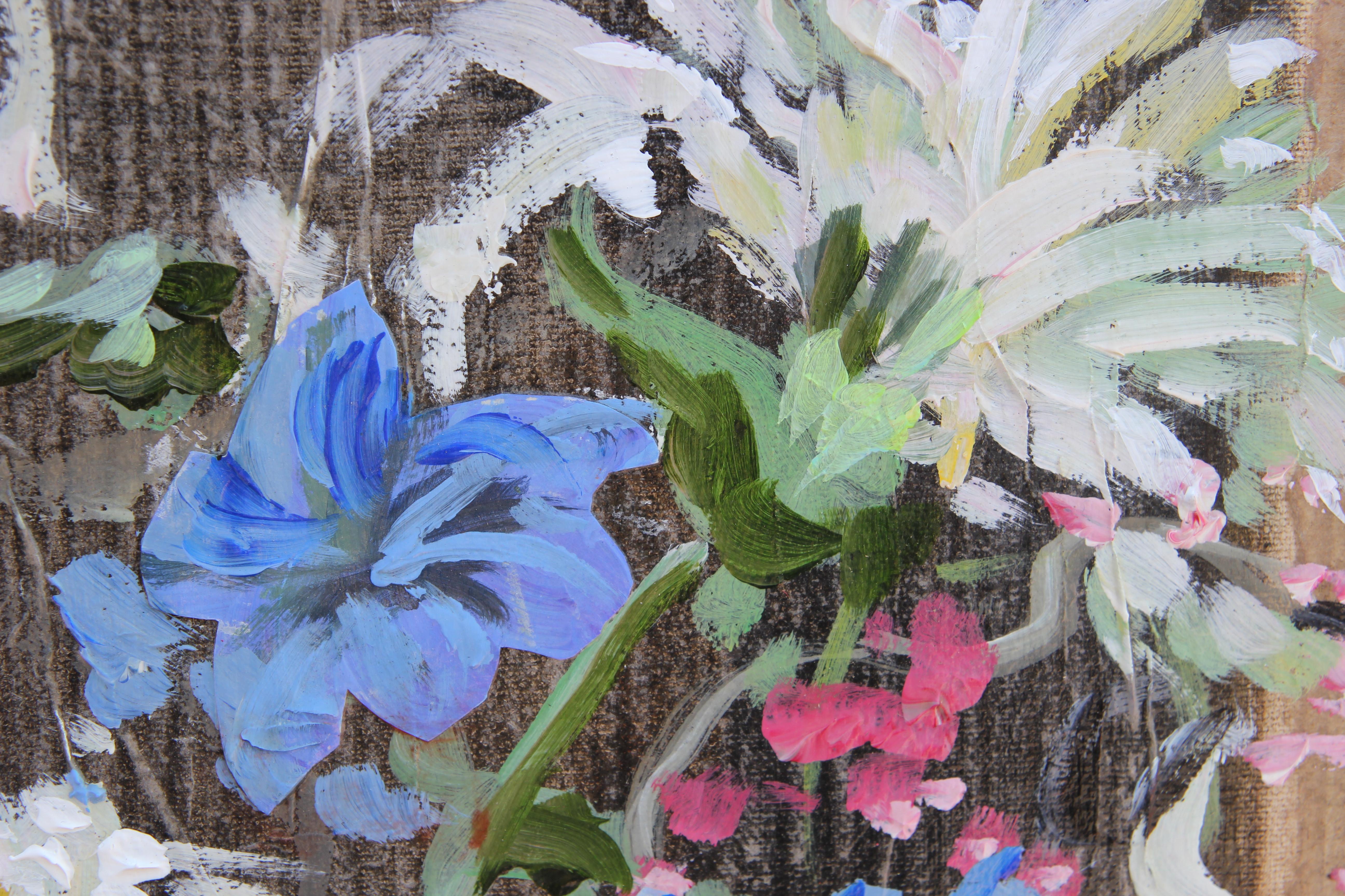 Blue, Pink, and Green Toned Impressionist Floral Still Life Mixed Media Painting 2