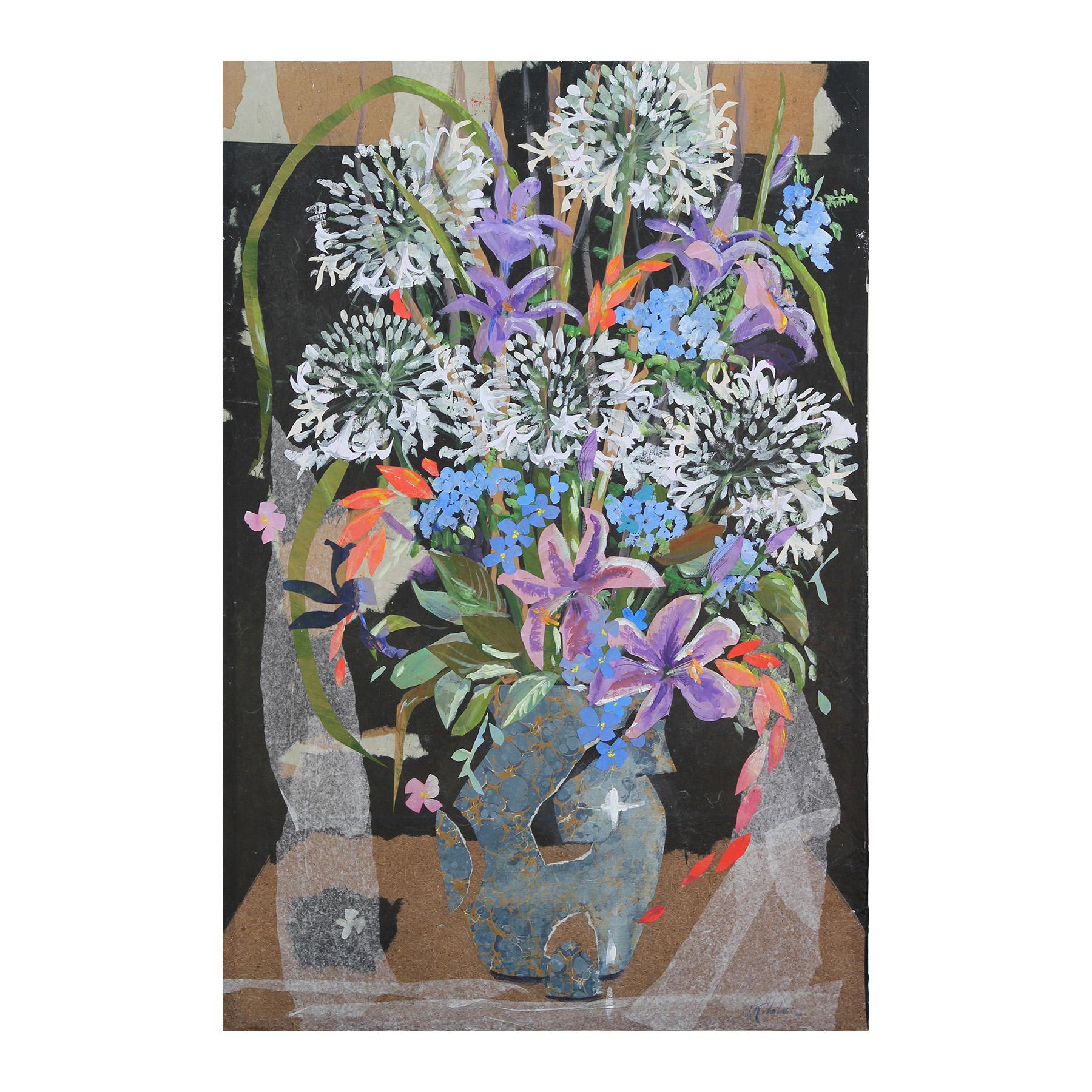 Francis Kalmbach Still-Life Painting - Purple, Orange, and Blue Impressionist Floral Still Life Mixed Media Painting