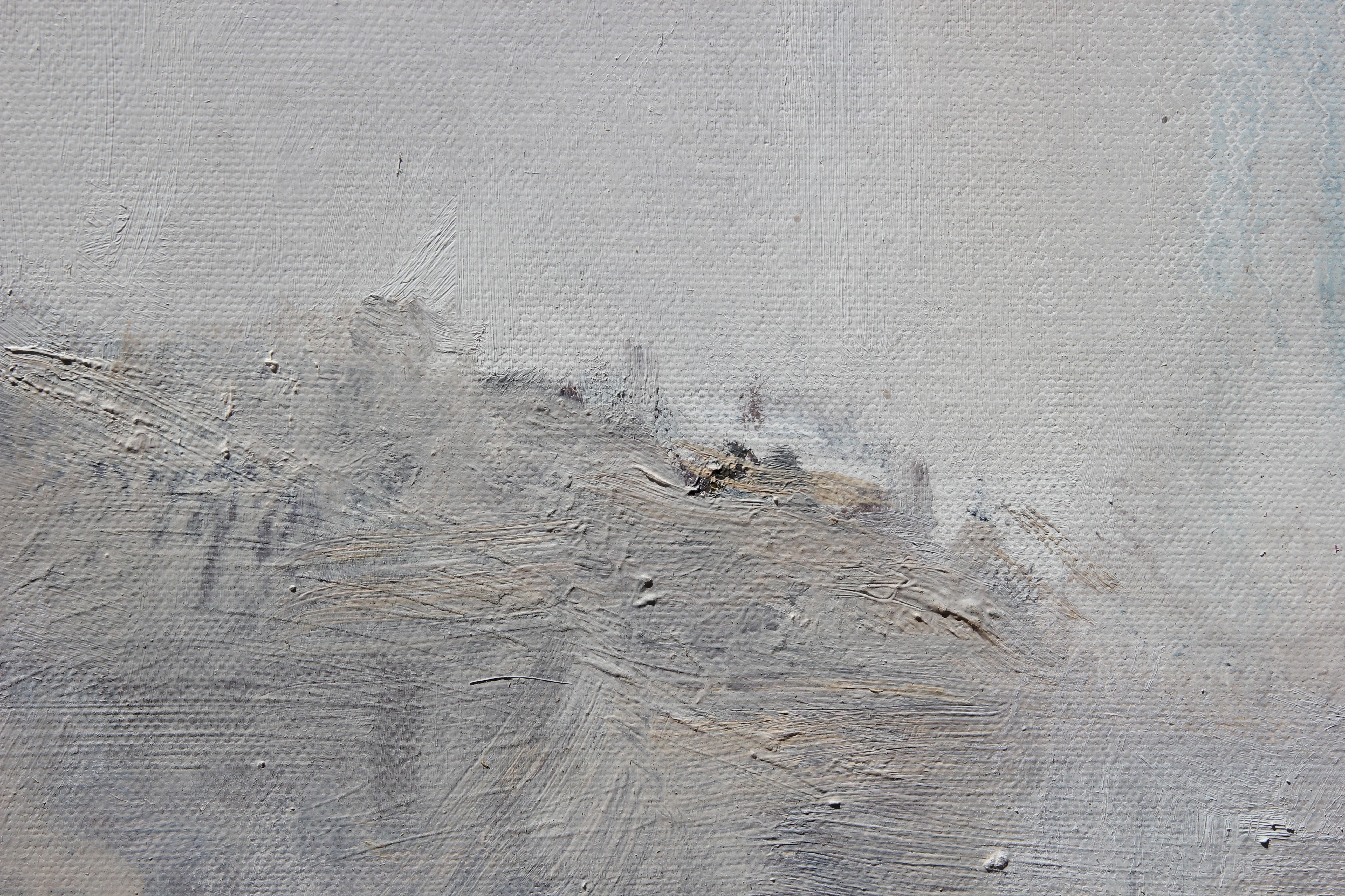 Large abstract oil paining of the Great Wall of China by Peter Wu that incorporates white, blue, pink, and grey. Signed, titled, and dated by the artist on the front and back of the canvas. Currently displayed floating in a neutral white and silver