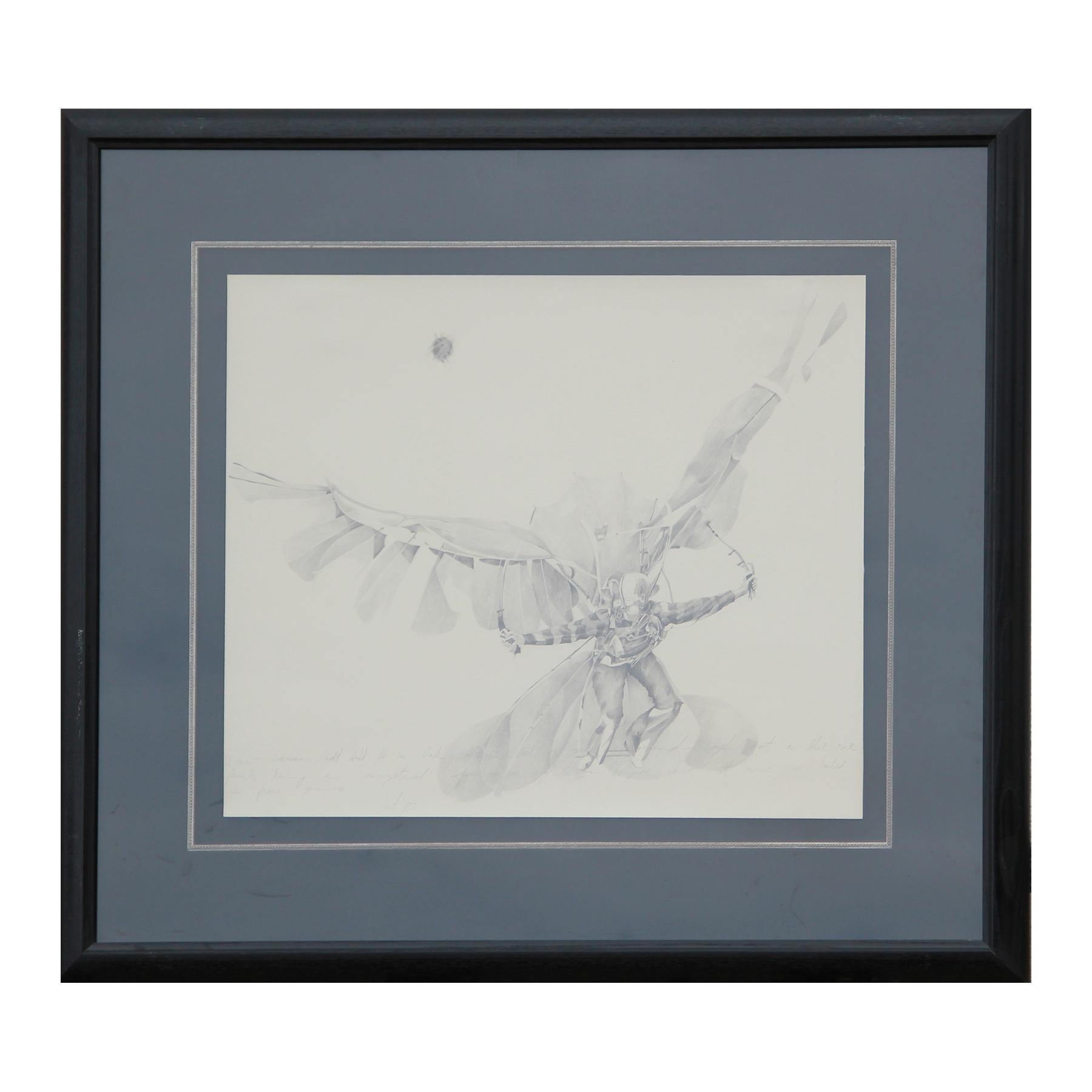 Unknown Figurative Art – Realistische Bleistiftzeichnung eines Mannes in fliegender Kontraption von Brewster McCloud