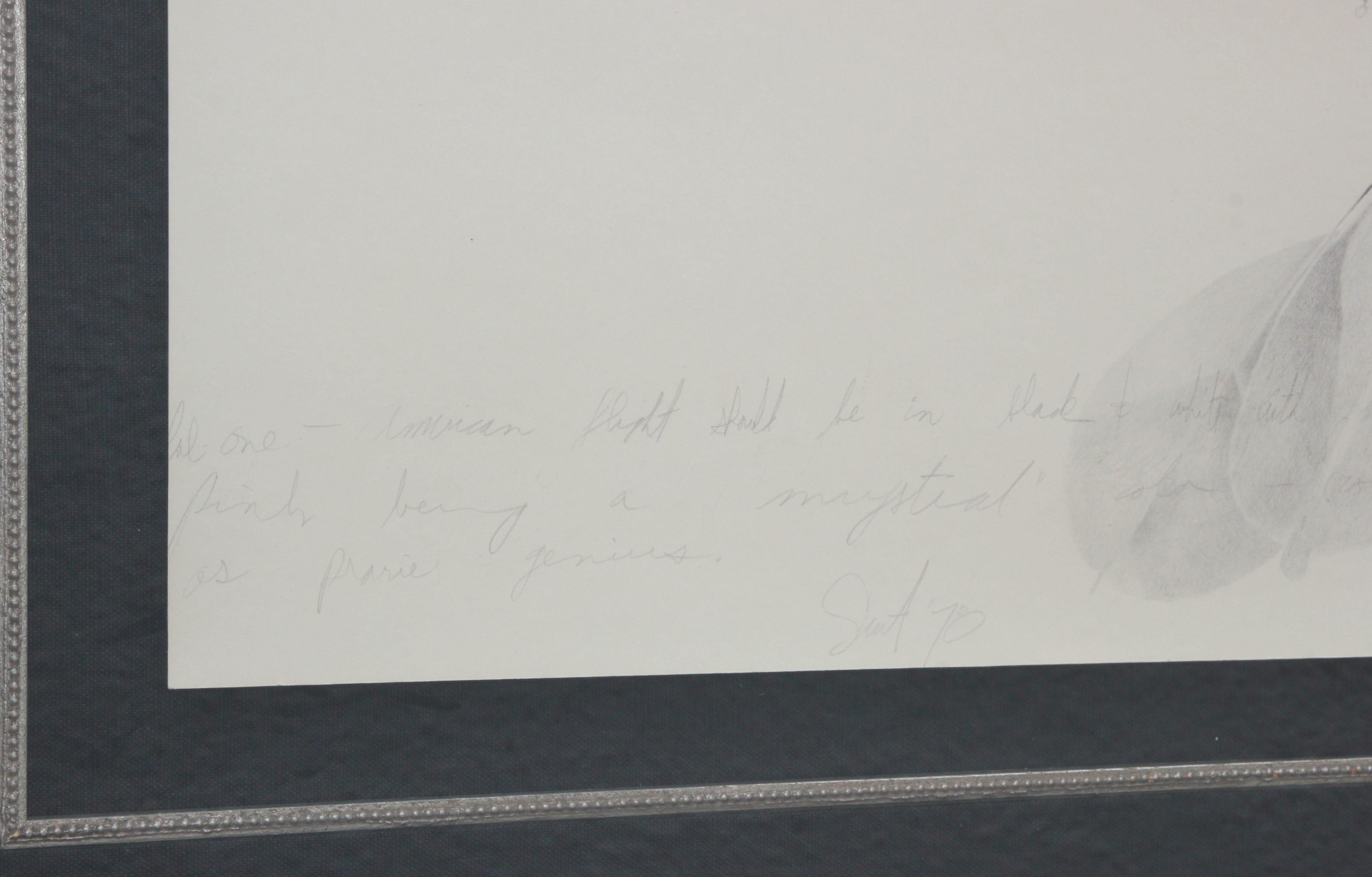 Realistische Bleistiftzeichnung eines Mannes, der einen Flugapparat benutzt. Inspiriert von Robert Altmans düsterer Filmkomödie Brewster McCloud von 1970. Der Film handelt von einem jungen Einsiedler (Bud Cort, in der Hauptrolle), der in einem