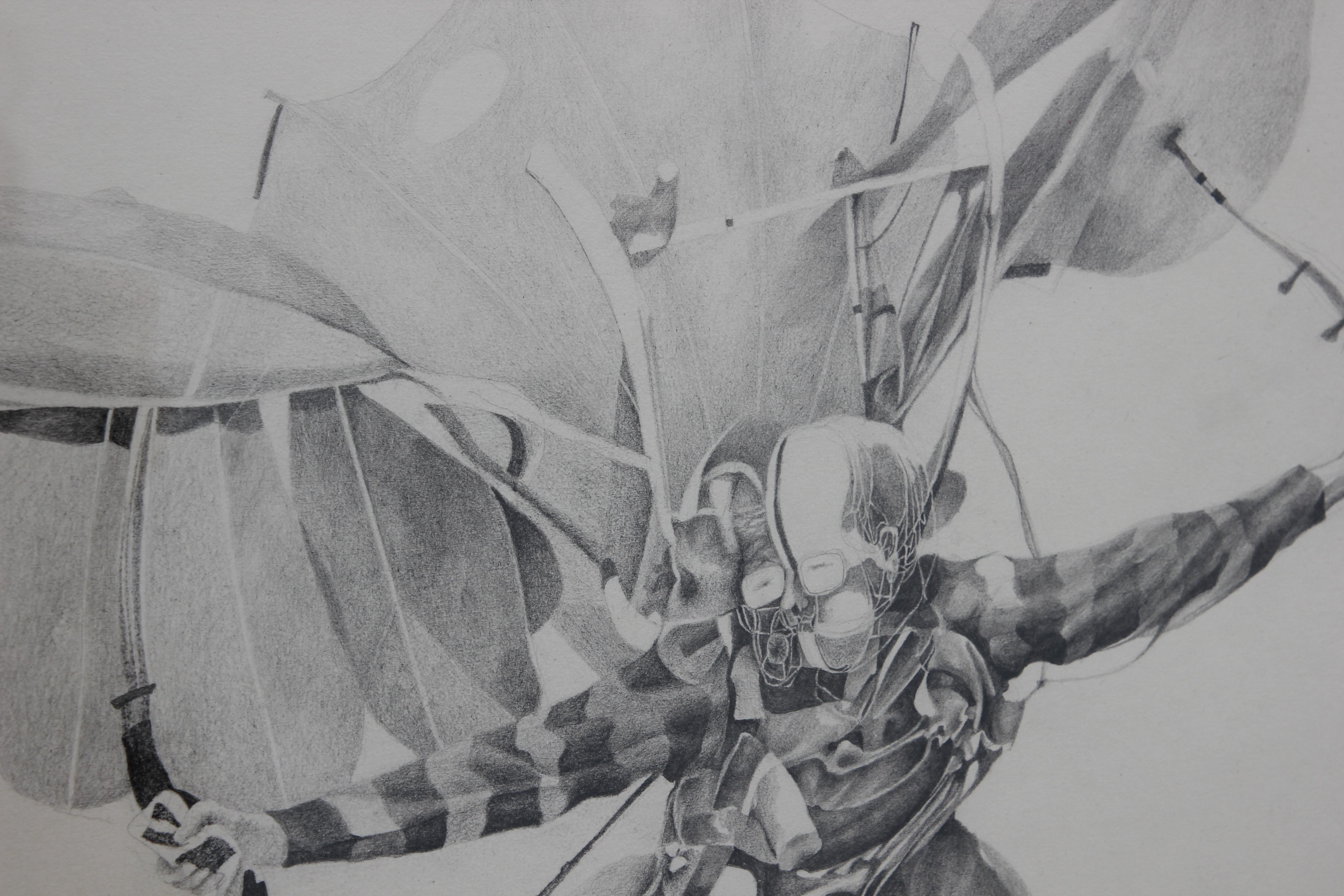 Realistische Bleistiftzeichnung eines Mannes in fliegender Kontraption von Brewster McCloud (Abstrakt), Art, von Unknown