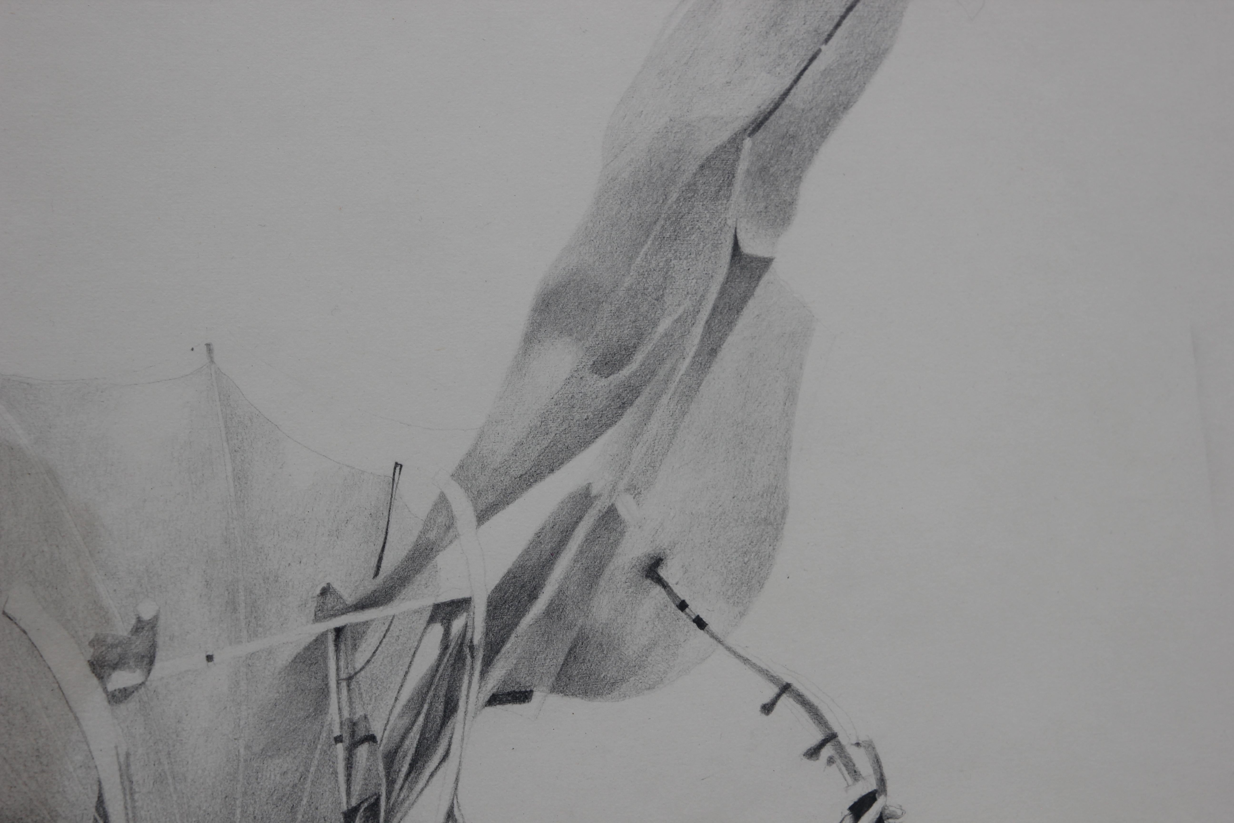 Realistische Bleistiftzeichnung eines Mannes in fliegender Kontraption von Brewster McCloud (Grau), Figurative Art, von Unknown