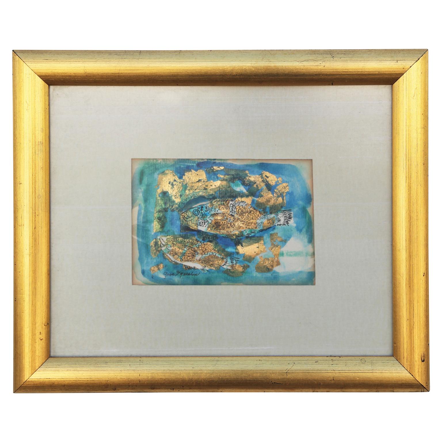 Unknown Abstract Drawing - Small Abstract Modern Blue and Gold Leaf Watercolor Portrait of Two Fish