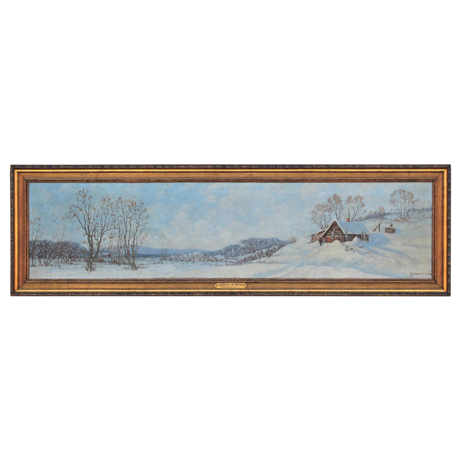 Gulbrand Sether Landscape Painting - "A Winter Day in Norway" Long Horizontal Snowy Pastoral Landscape Oil Painting