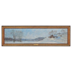 "A Winter Day in Norway" Long Horizontal Snowy Pastoral Landscape Oil Painting