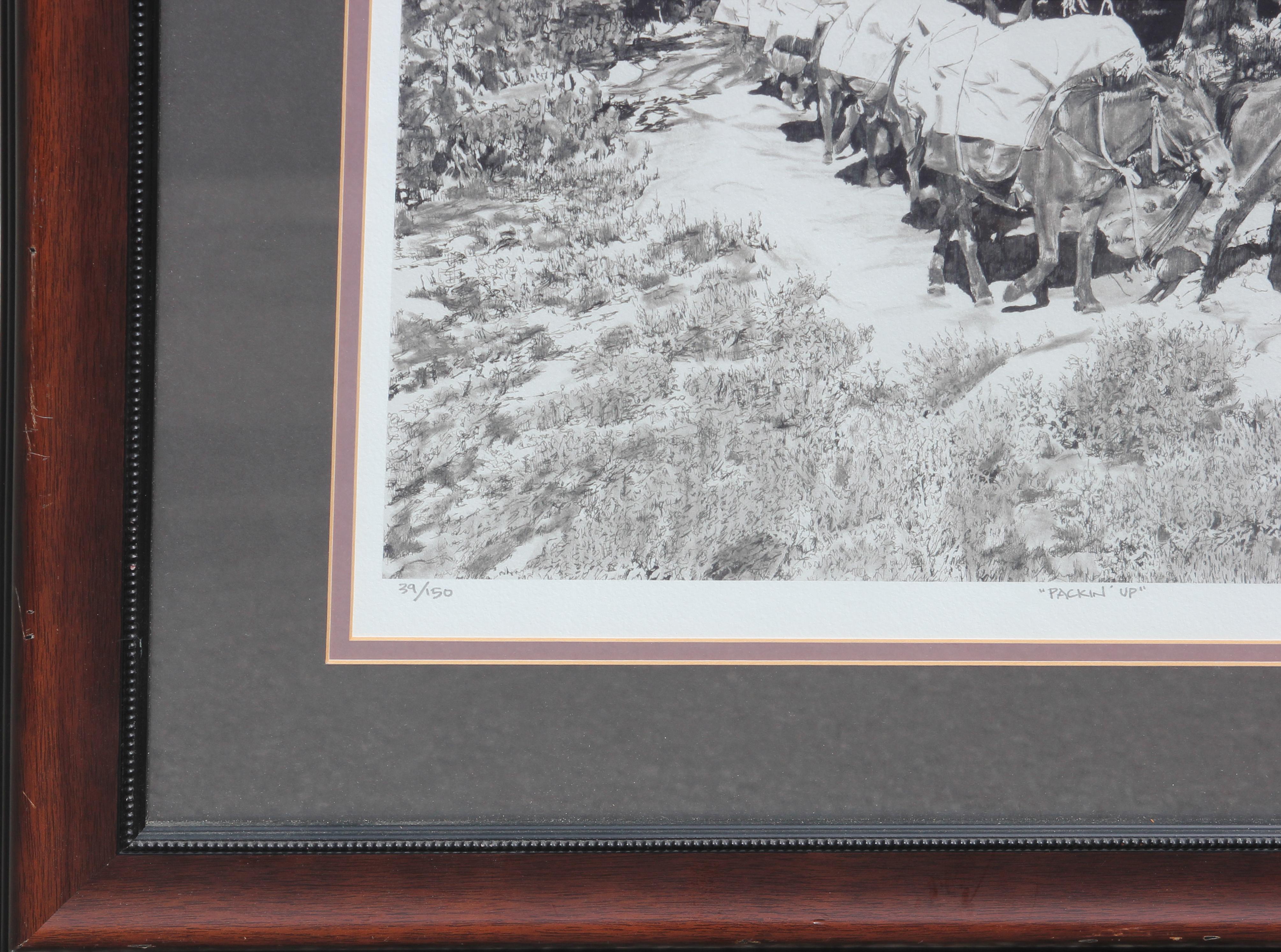 Pen and ink drawing by California based artist Joe Milazzo depicting a wooded Western landscape with a cowboy leading a team of horses. Signed, titled, and editioned 39 of 50 by artist in lower margin. Double matted and framed in a wooden frame.