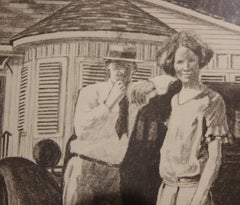 Naturalistic Gray Toned Landscape Lithograph of La Grange Chicken Ranch in Texas