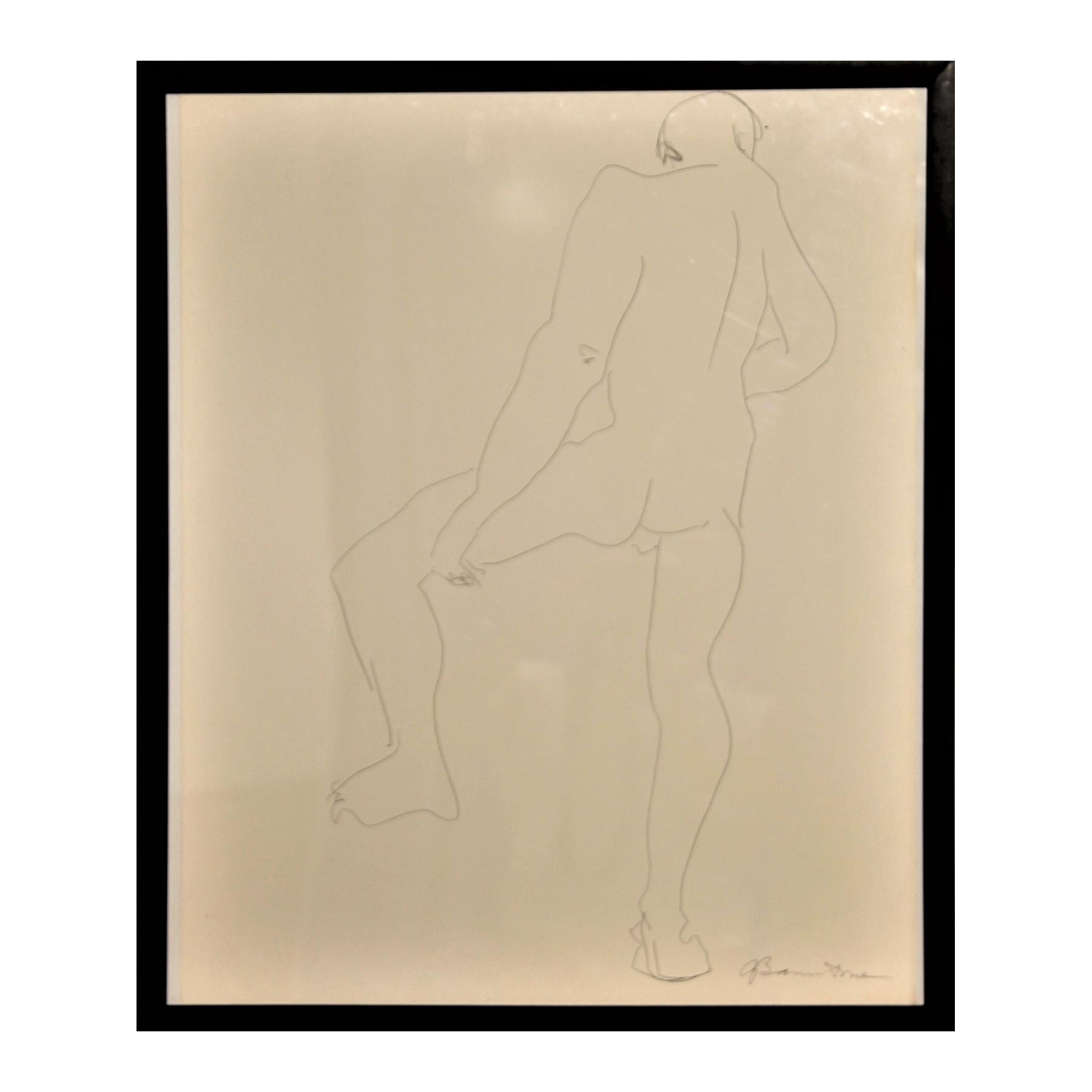 Gertrude Barnstone Figurative Art - Abstract Pen Contour Line Drawing of Male Nude Back with Raised Leg 