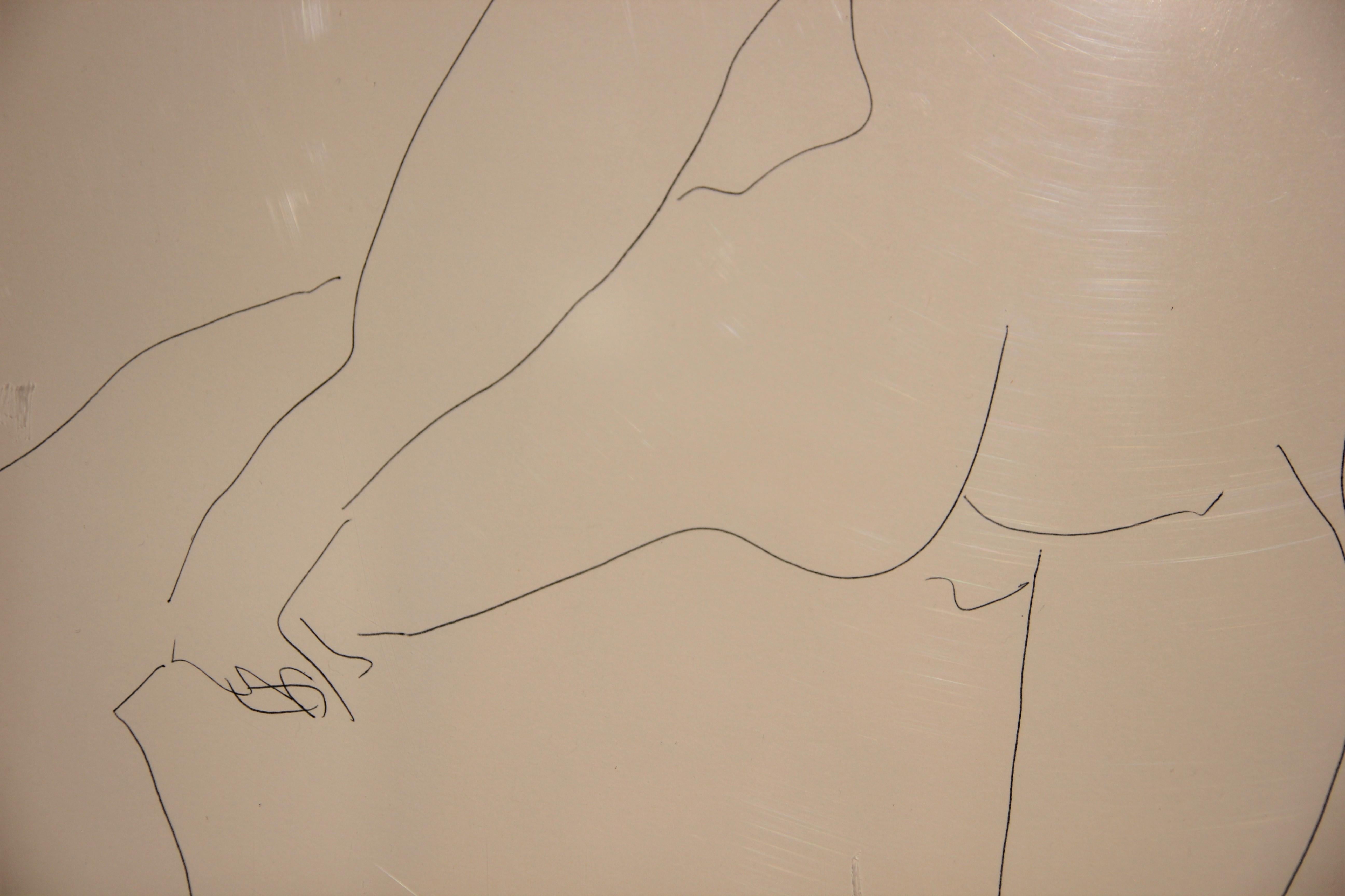 Abstract Pen Contour Line Drawing of Male Nude Back with Raised Leg  - Beige Figurative Art by Gertrude Barnstone