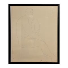 Abstract Pen Contour Line Drawing of Male Nude Seated with Raised Knee