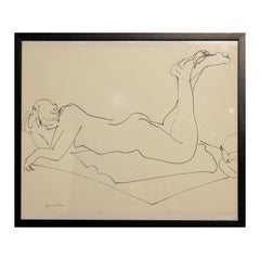 Abstract Pen Contour Line Drawing of Female Nude Laying with Feet Raised