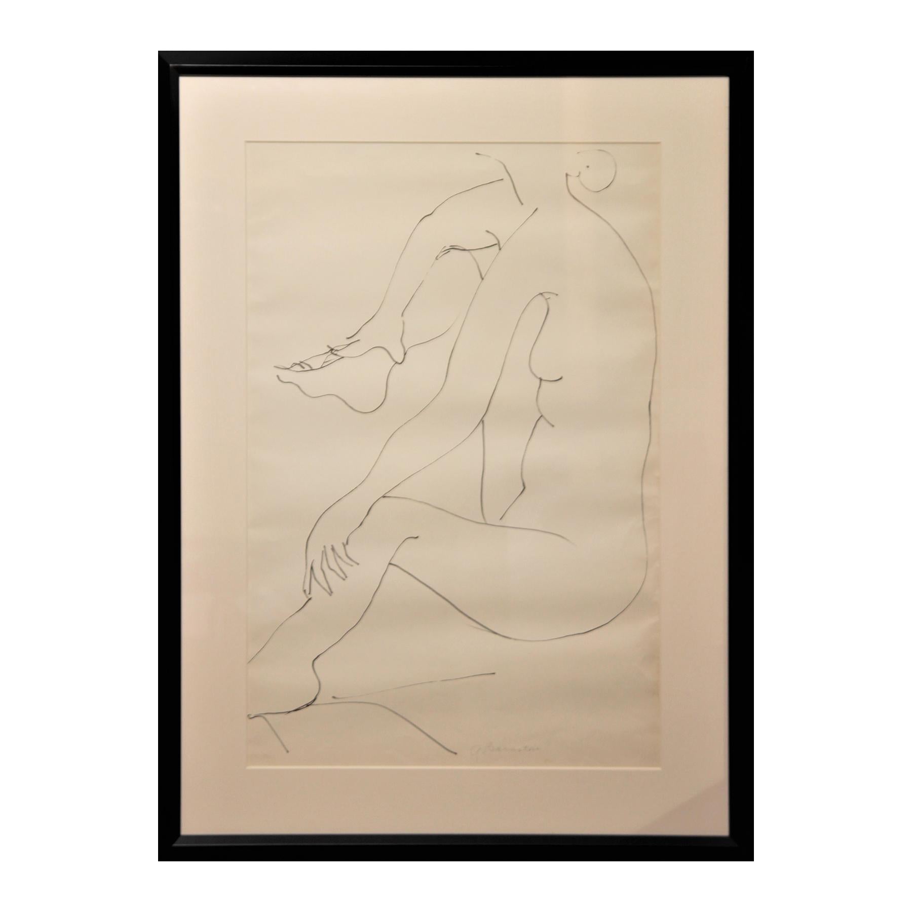 Abstract Pen Contour Line Drawing Seated Female Nude with Knee Raised - Art by Gertrude Barnstone