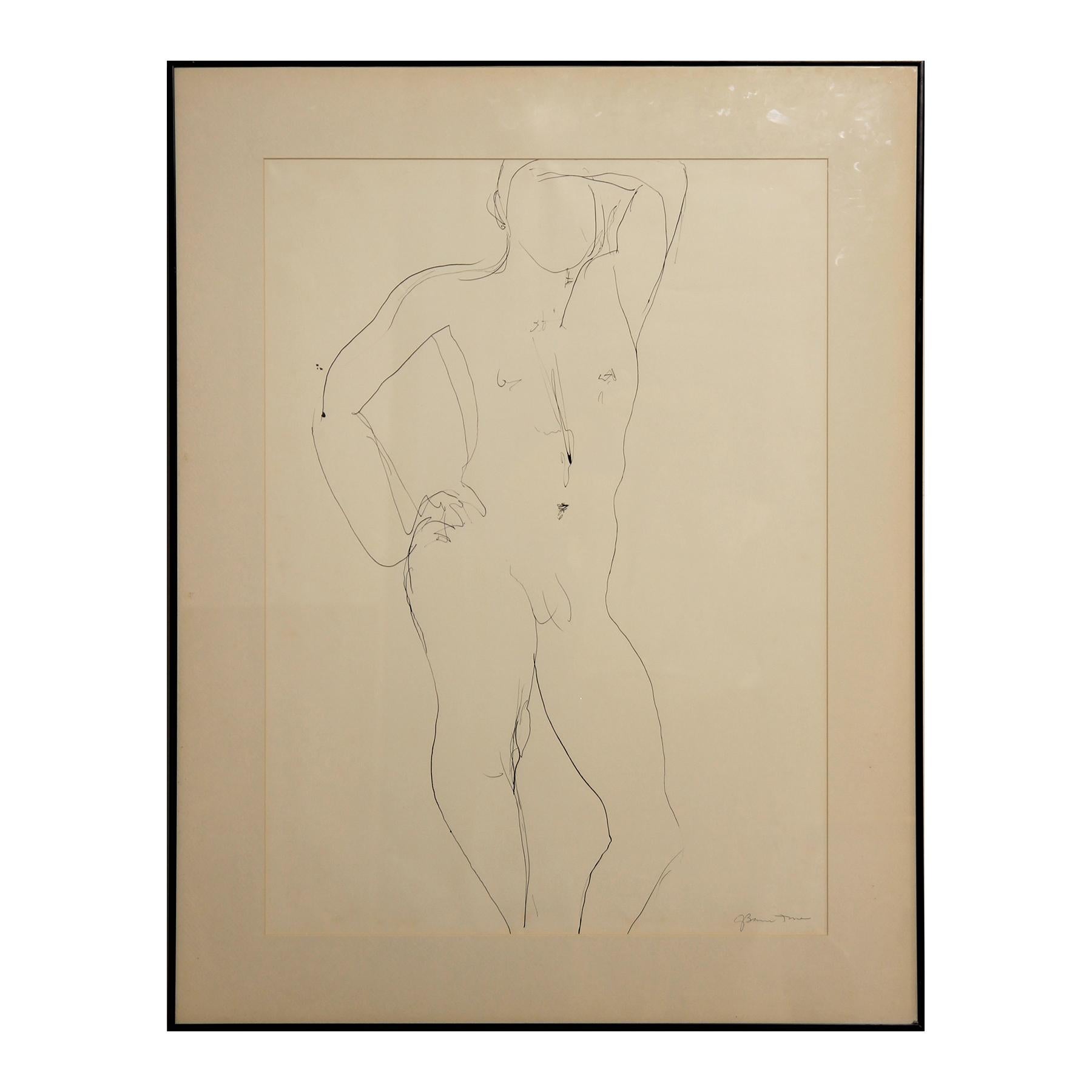 Gertrude Barnstone Figurative Art - Abstract Pen Contour Line Drawing of Standing Male Nude