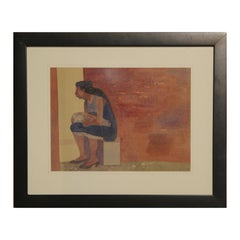 Abstract Watercolor of a "Woman and Child" Seated Against a Wall