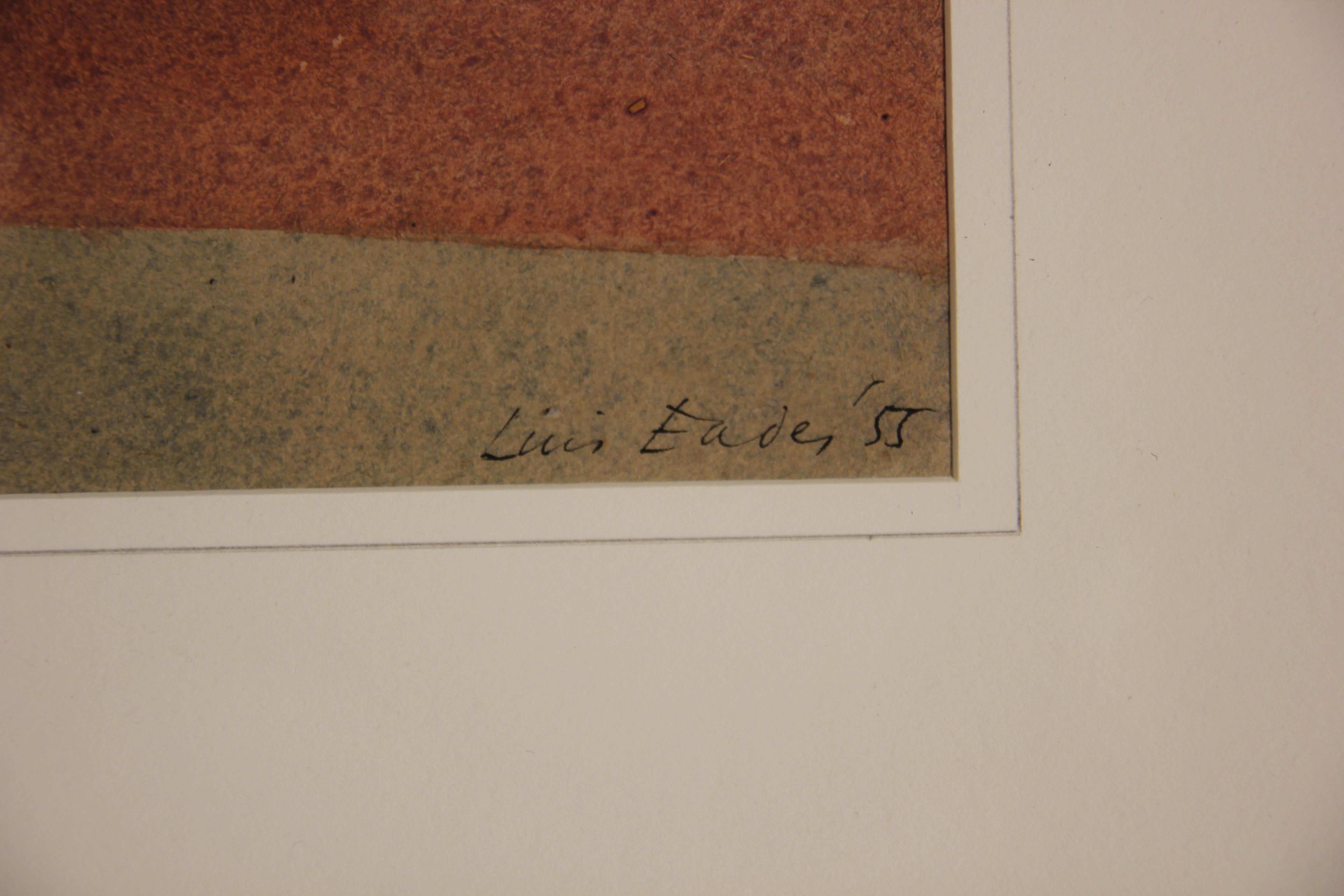 Watercolor painting of a woman seated and holding a child in front of an orange/red toned wall by Luis Eades. The paintings is currently displayed in a black frame with a white matte. Signed and dated by artist in the bottom right corner.